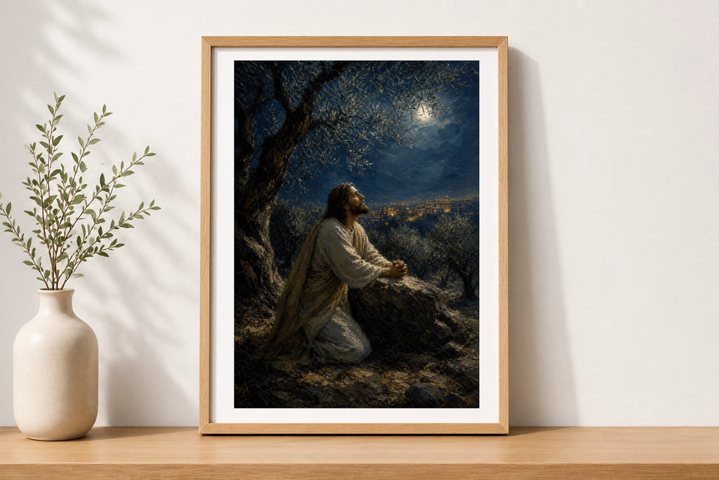 Jesus Praying in Gethsemane Poster, Christian Wall Art, Biblical Oil Painting Print