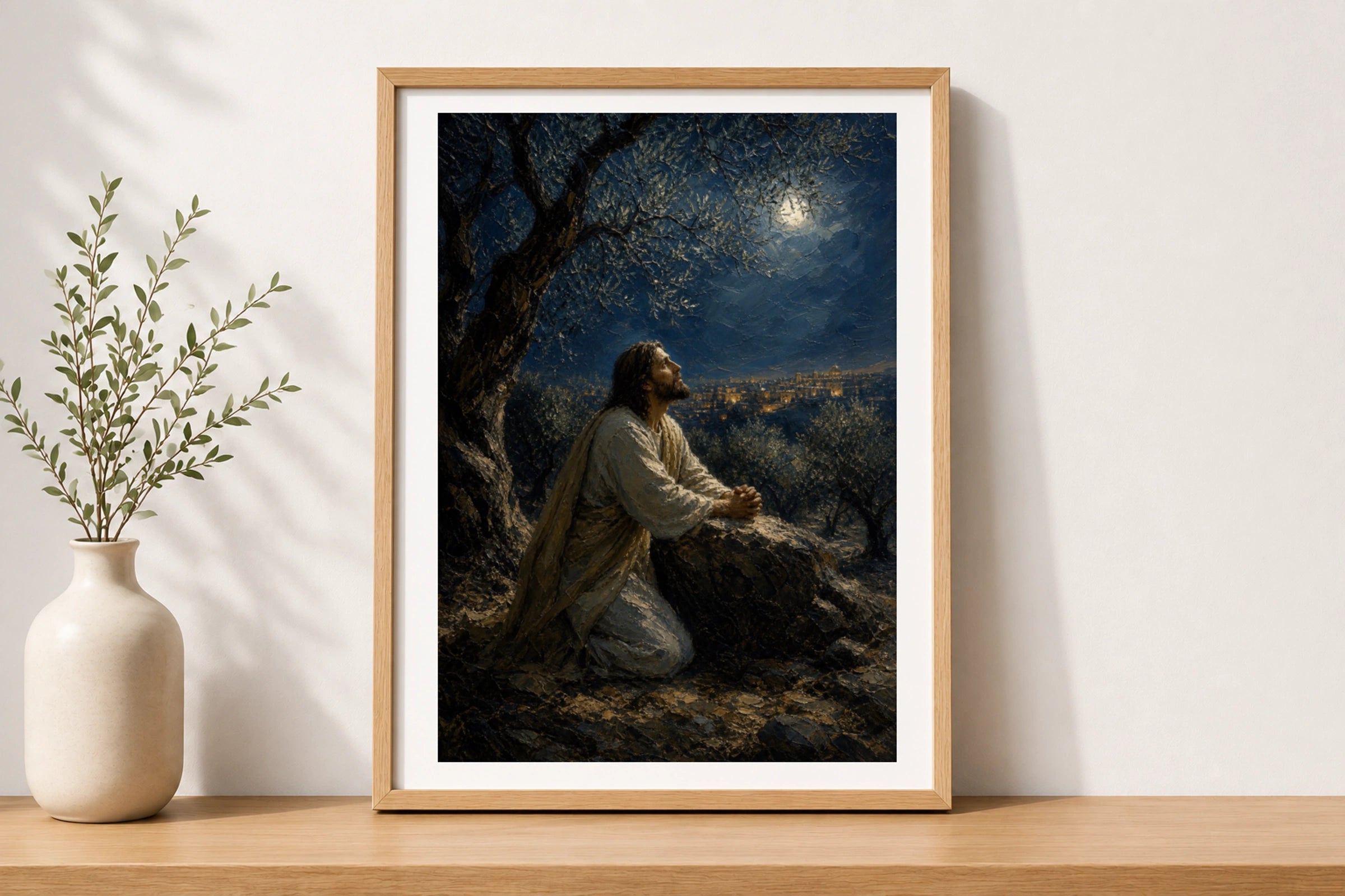 Jesus Praying in Gethsemane Poster, Christian Wall Art, Biblical Oil Painting Print