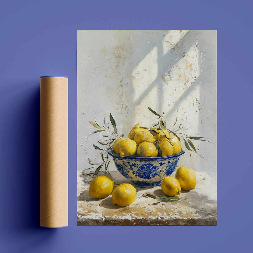 Mediterranean Lemon Bowl Poster, Blue White Ceramic Still Life Kitchen Wall Art