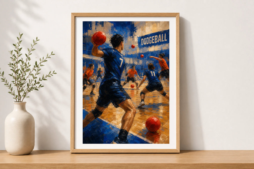 Dodgeball Team Match Poster, Sports Wall Art, Blue Orange Gym Print, Action