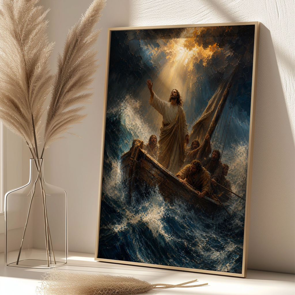 Jesus Calms the Storm Poster, Biblical Wall Art, Christian Faith Print, Miracle Sea