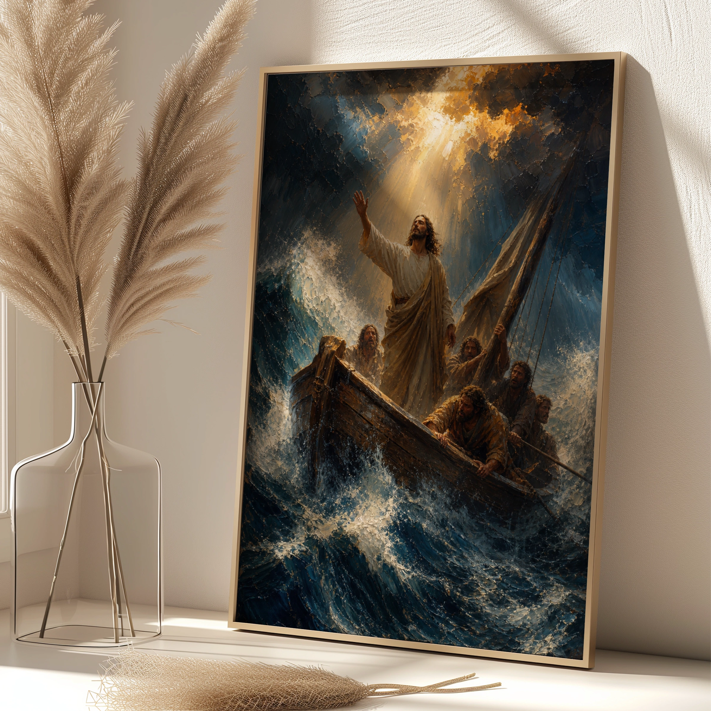 Jesus Calms the Storm Poster, Biblical Wall Art, Christian Faith Print, Miracle Sea