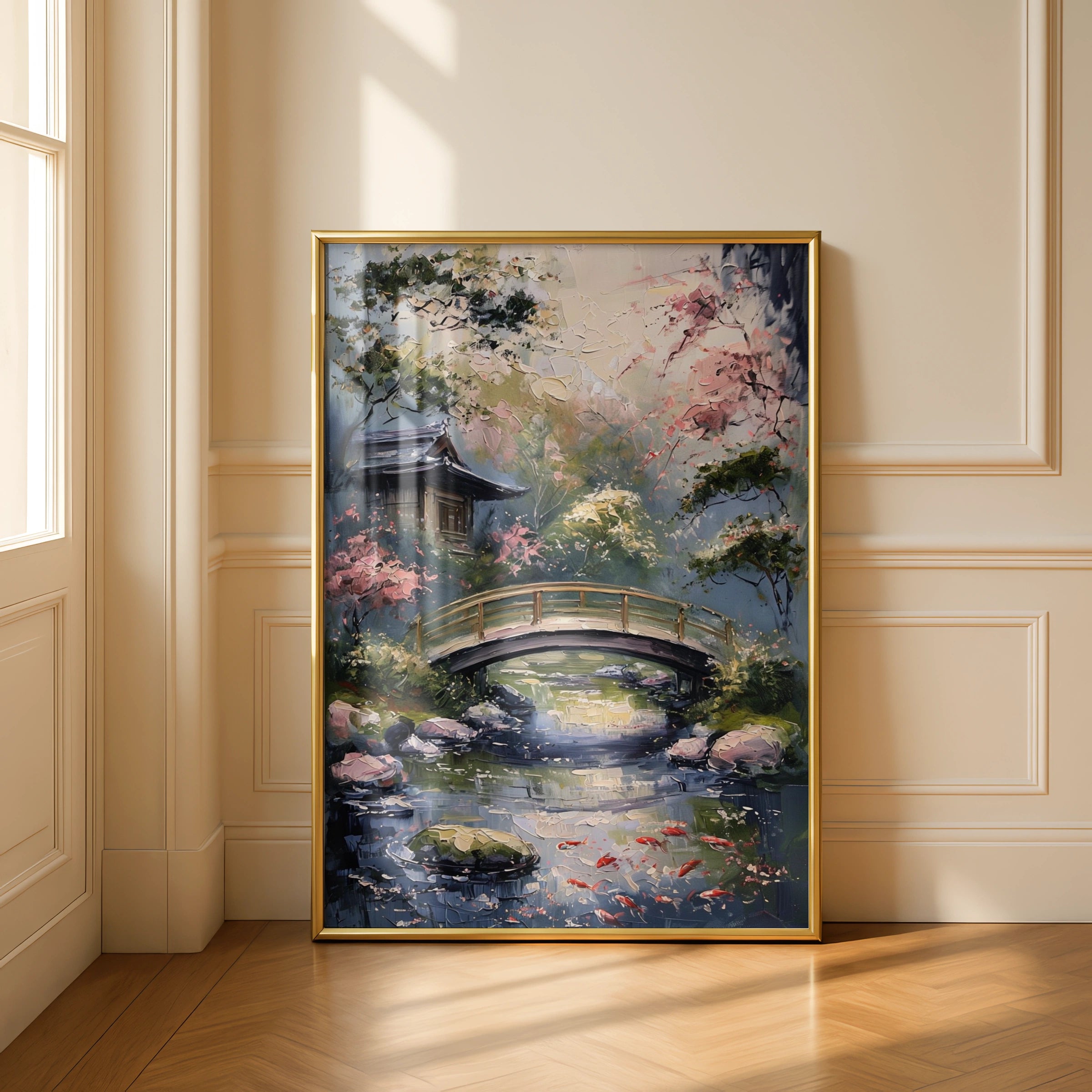 Japanese Garden Koi Pond Poster, Bridge Blossom Wall Art, Zen Nature Print