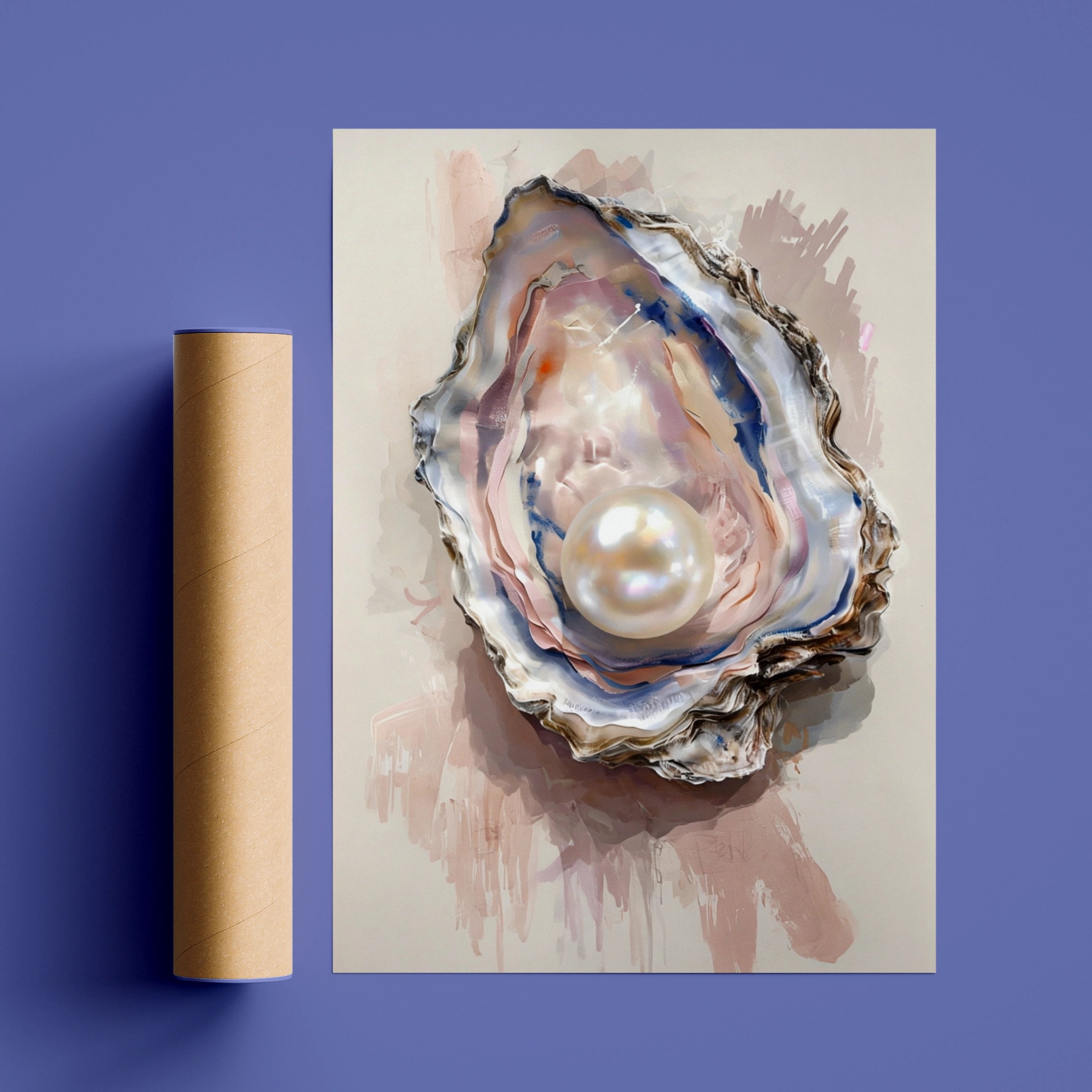 Oyster Pearl Poster, Coastal Wall Art, Blush Pink Navy Watercolour Shell Print, Ocean