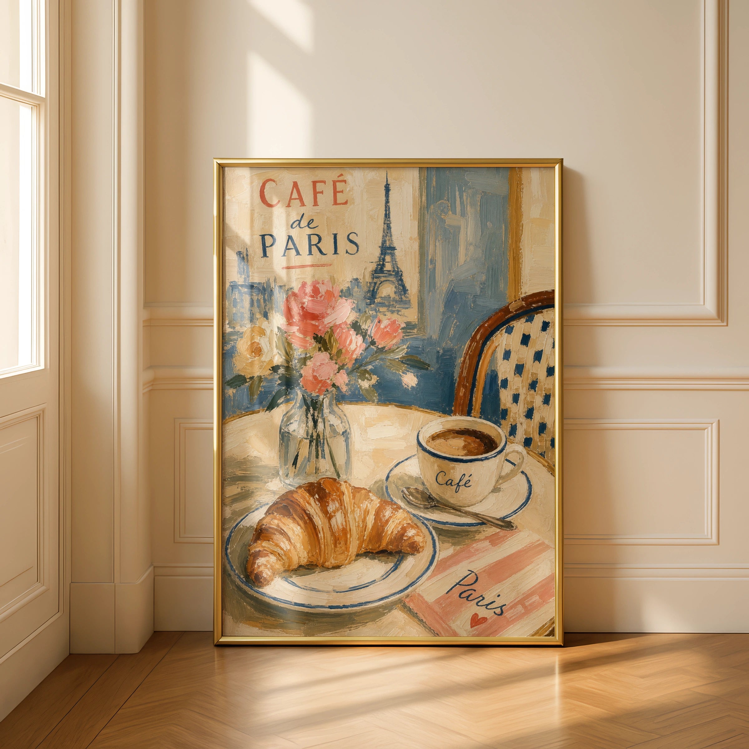 Paris Cafe Poster, Croissant Eiffel Tower Wall Art, French Bistro Print, Kitchen Decor