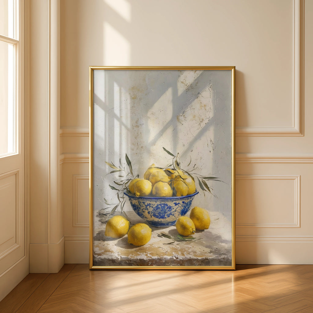 Mediterranean Lemon Bowl Poster, Blue White Ceramic Still Life Kitchen Wall Art