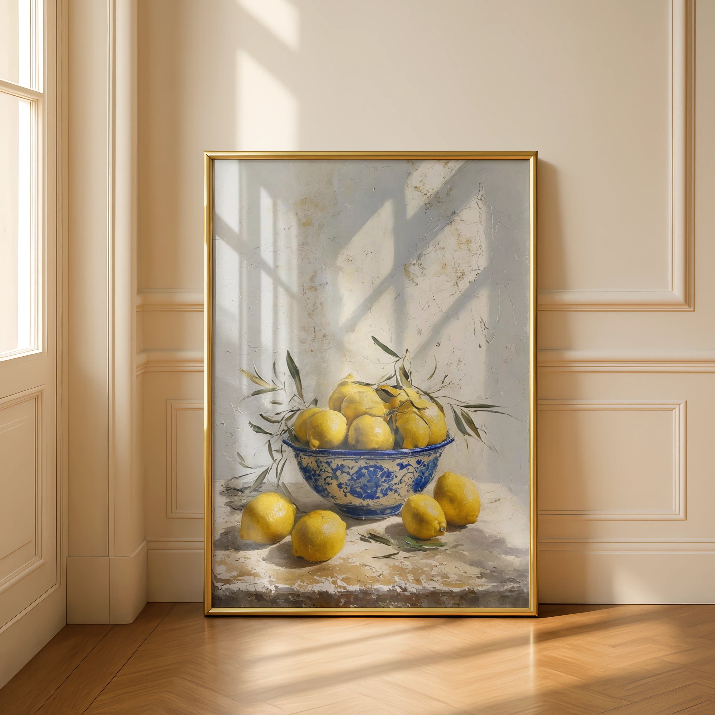 Mediterranean Lemon Bowl Poster, Blue White Ceramic Still Life Kitchen Wall Art