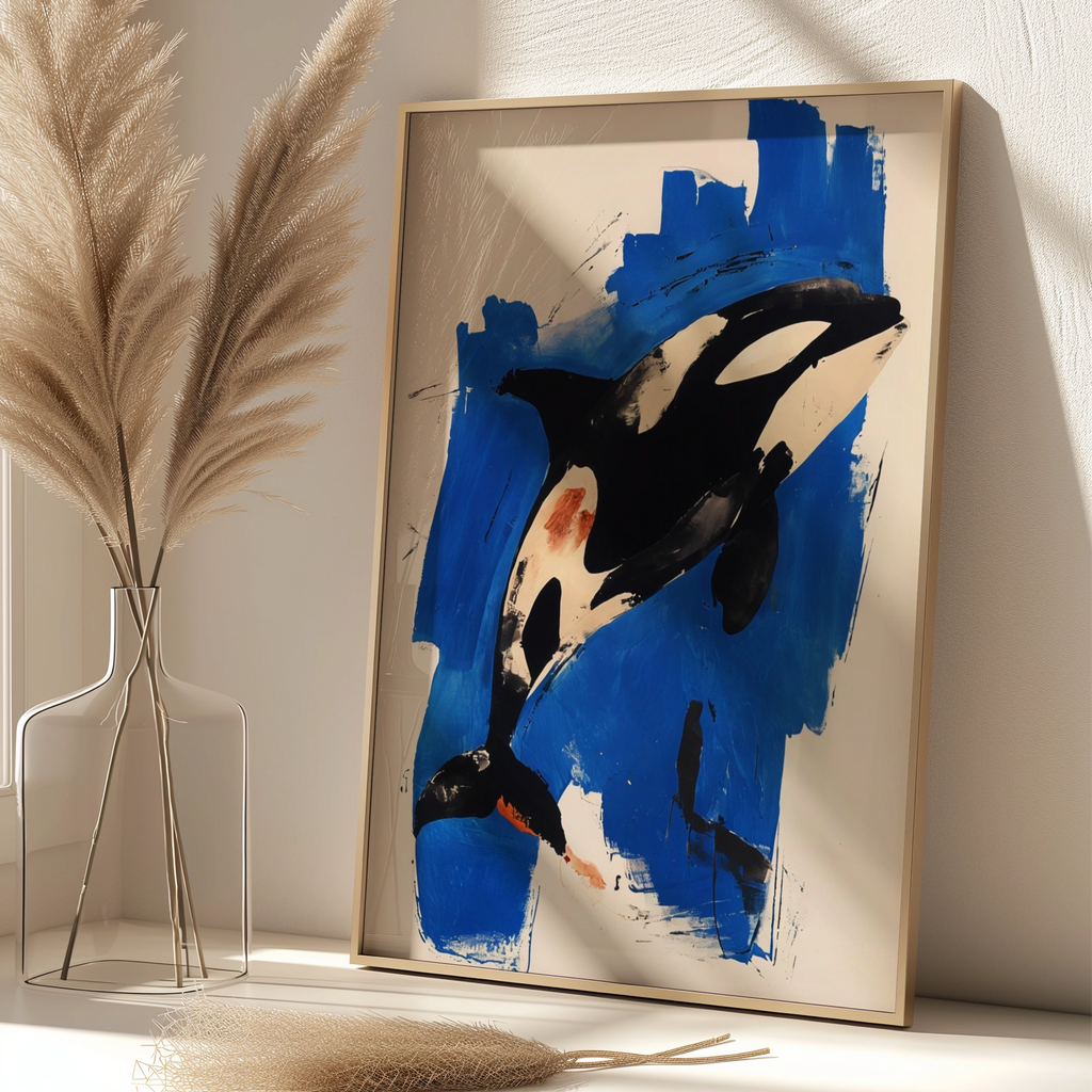 Abstract Orca Poster, Killer Whale Wall Art, Bold Blue Black Ocean Animal Print