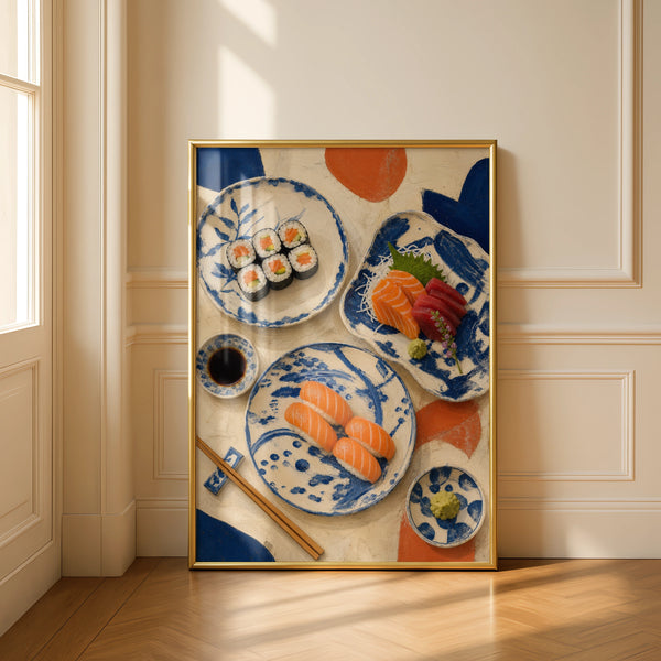 Japanese Sushi Still Life Poster, Salmon Sashimi Wall Art, Blue Ceramic Kitchen Print