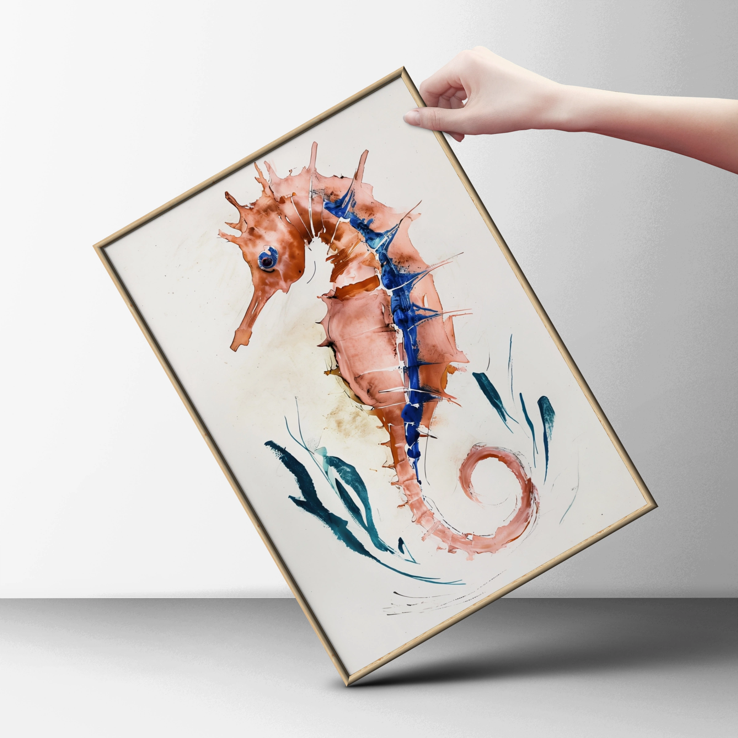 Abstract Seahorse Poster, Watercolour Ocean Wall Art, Terracotta Blue Coastal Print