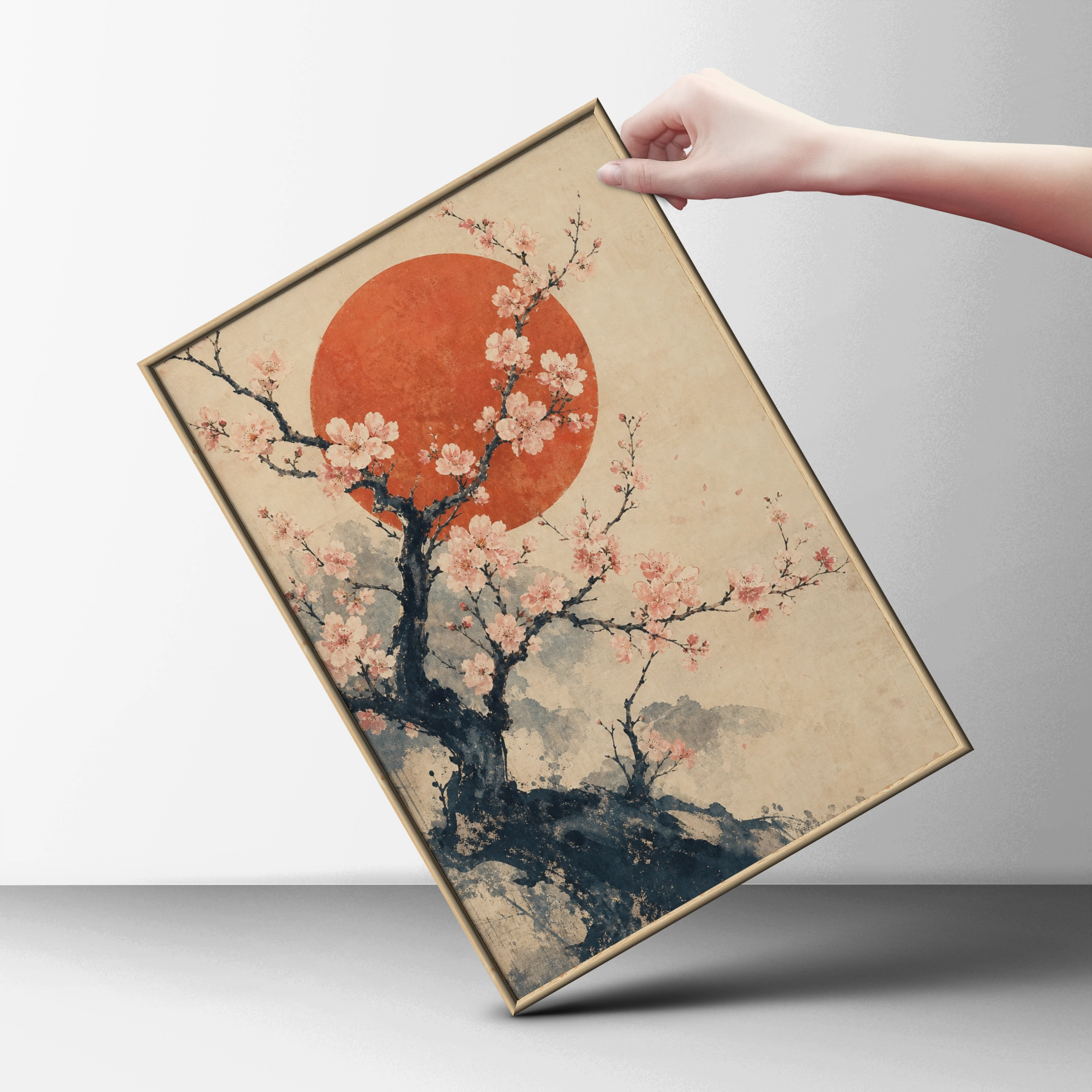 Cherry Blossom Rising Sun Japanese Wall Art, Sakura Tree Poster, Asian Ink Print