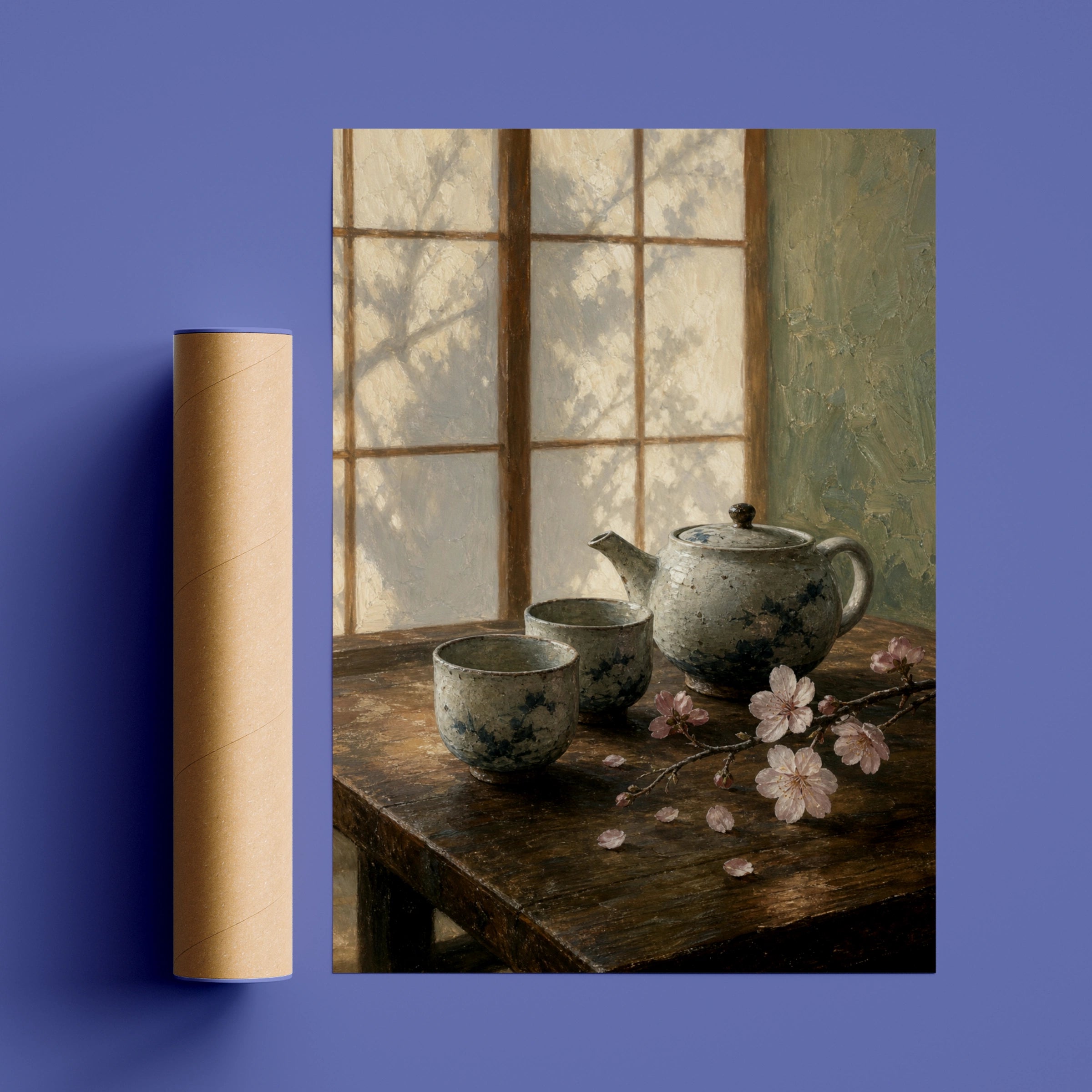 Japanese Teapot Cherry Blossom Still Life Wall Art, Zen Tea Poster, Calm Kitchen Decor