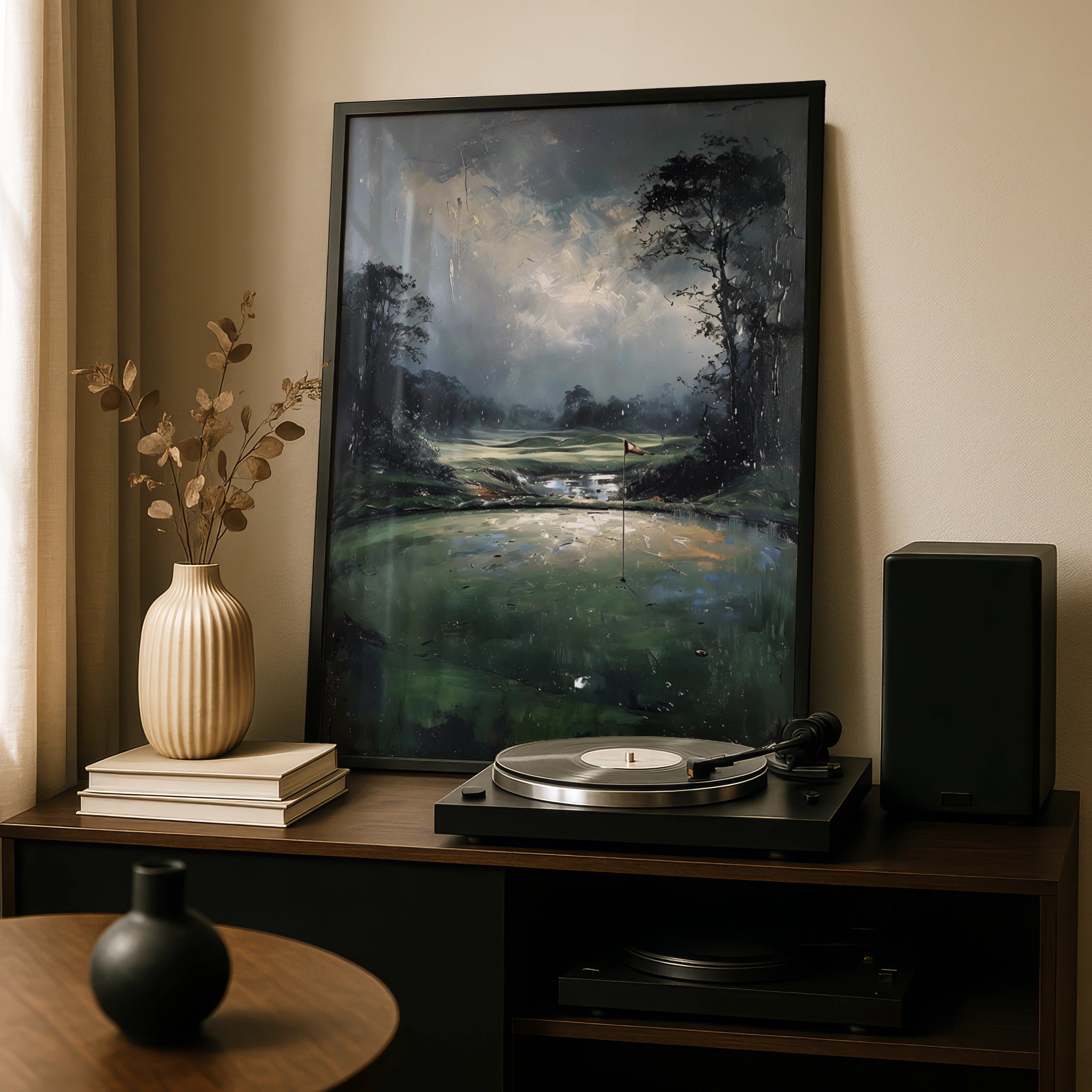 Stormy Golf Green Painting Poster, Moody Course Art Print, Dark Dramatic Wall Decor