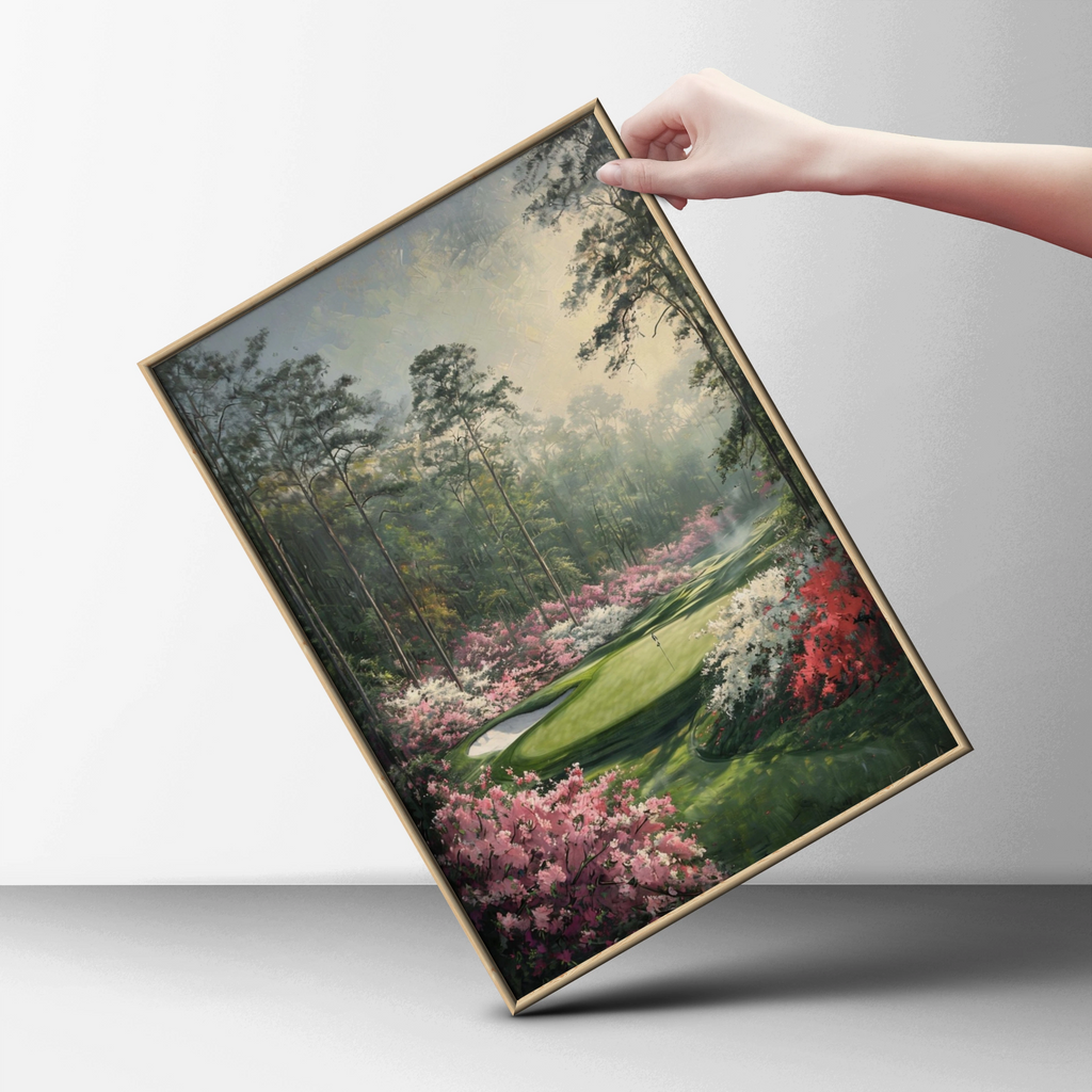 Floral Golf Course Painting Poster, Azalea Green Art Print, Golf Wall Art Gift