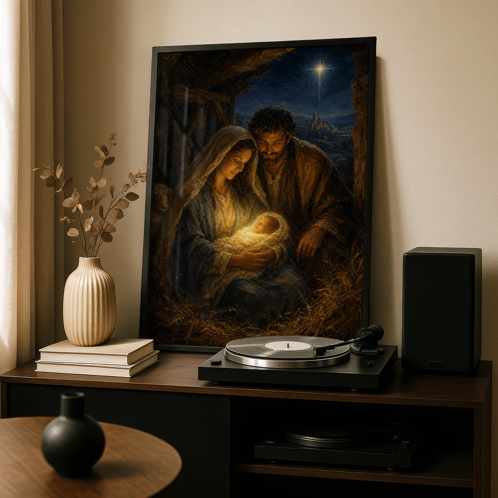 Nativity Scene Poster, Birth of Jesus Wall Art, Holy Family Christmas Print, Religious Christian