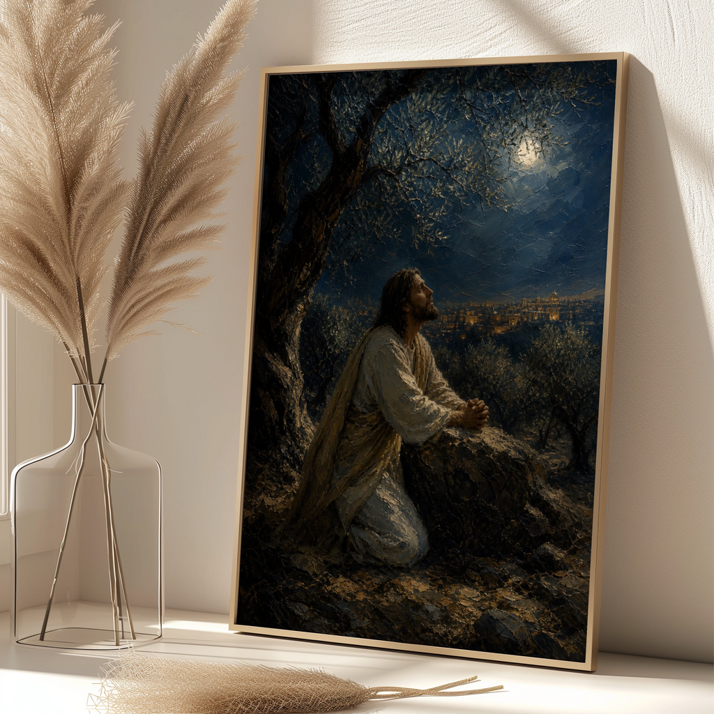 Jesus Praying in Gethsemane Poster, Christian Wall Art, Biblical Oil Painting Print