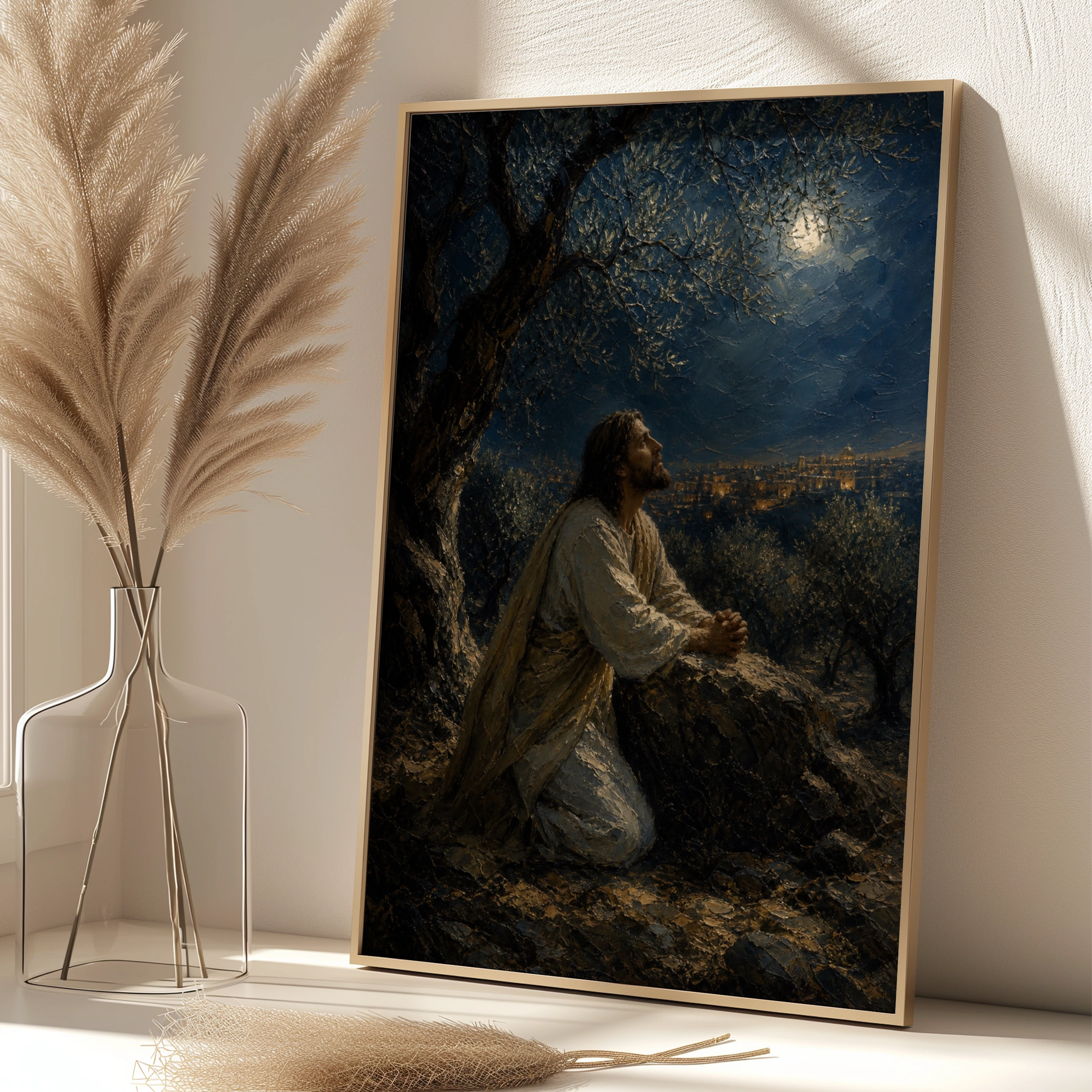 Jesus Praying in Gethsemane Poster, Christian Wall Art, Biblical Oil Painting Print