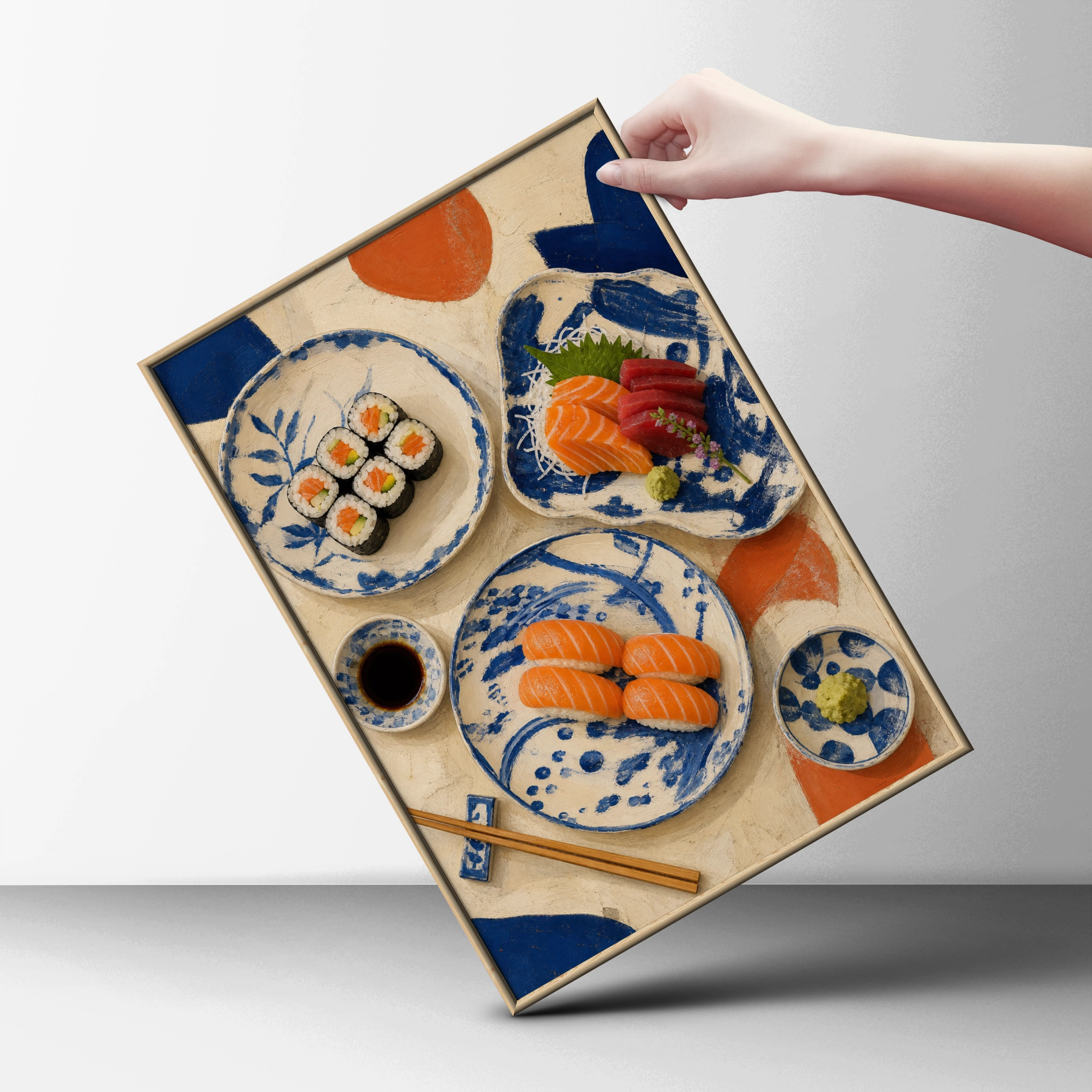 Japanese Sushi Still Life Poster, Salmon Sashimi Wall Art, Blue Ceramic Kitchen Print