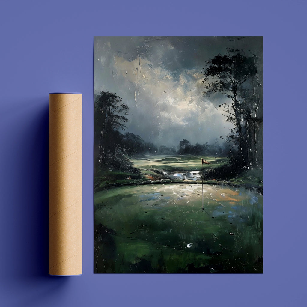 Stormy Golf Green Painting Poster, Moody Course Art Print, Dark Dramatic Wall Decor
