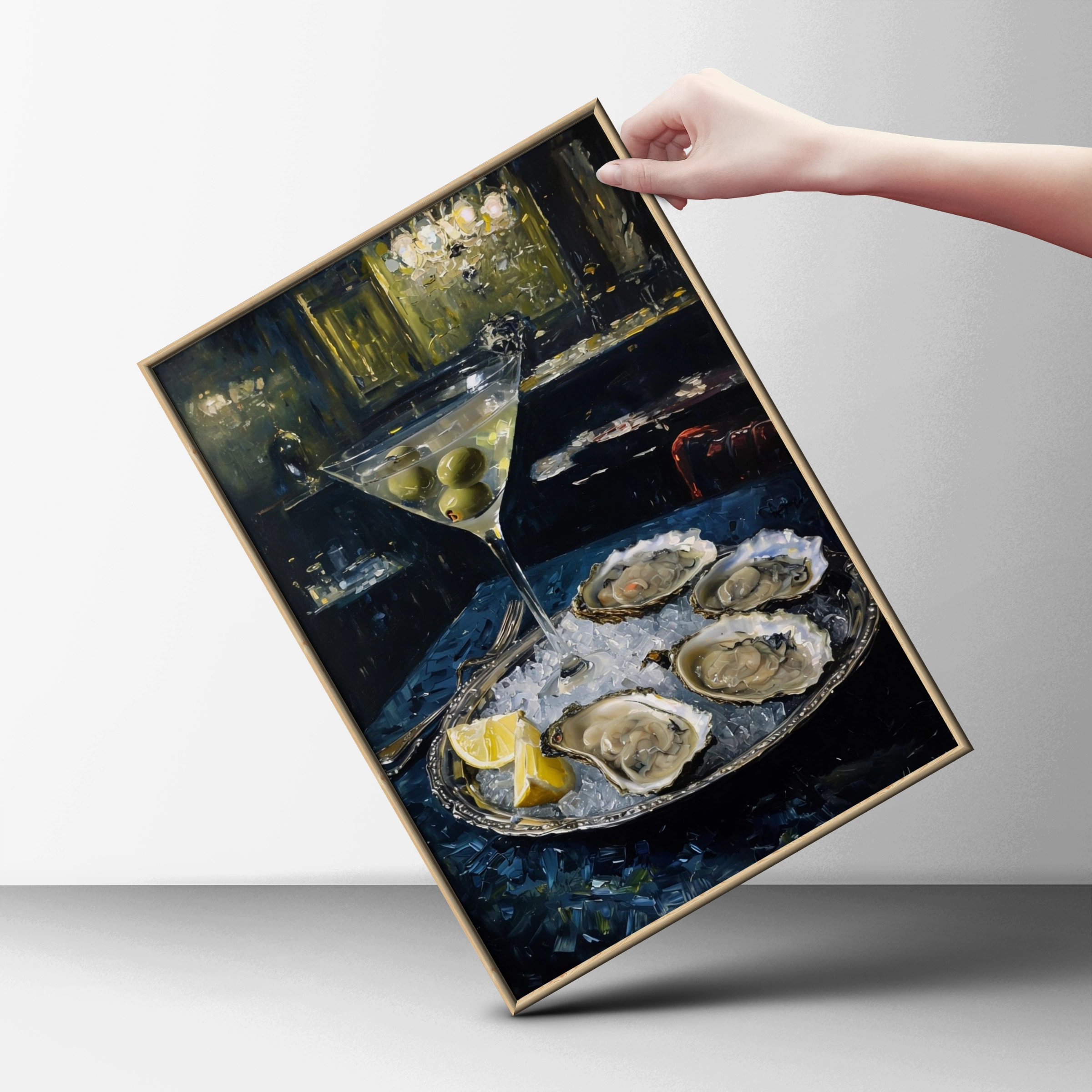 Martini Oysters Moody Still Life Poster, Dark Cocktail Bar Wall Art Print