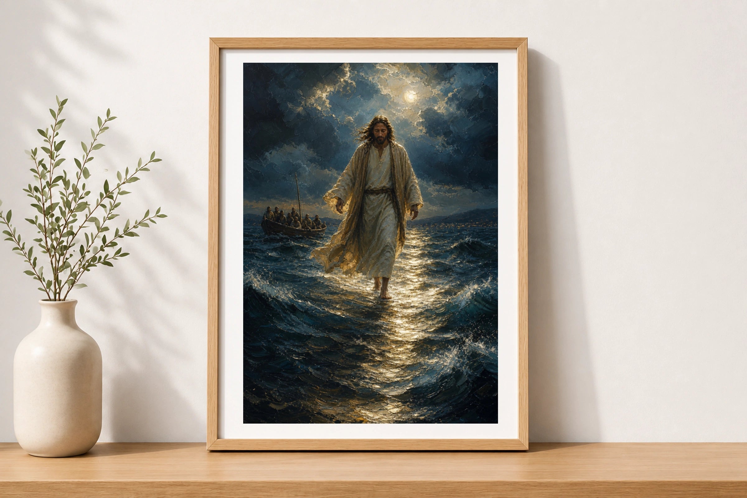 Jesus Walks on Water Poster, Biblical Miracle Wall Art, Christian Faith Print, Stormy Sea