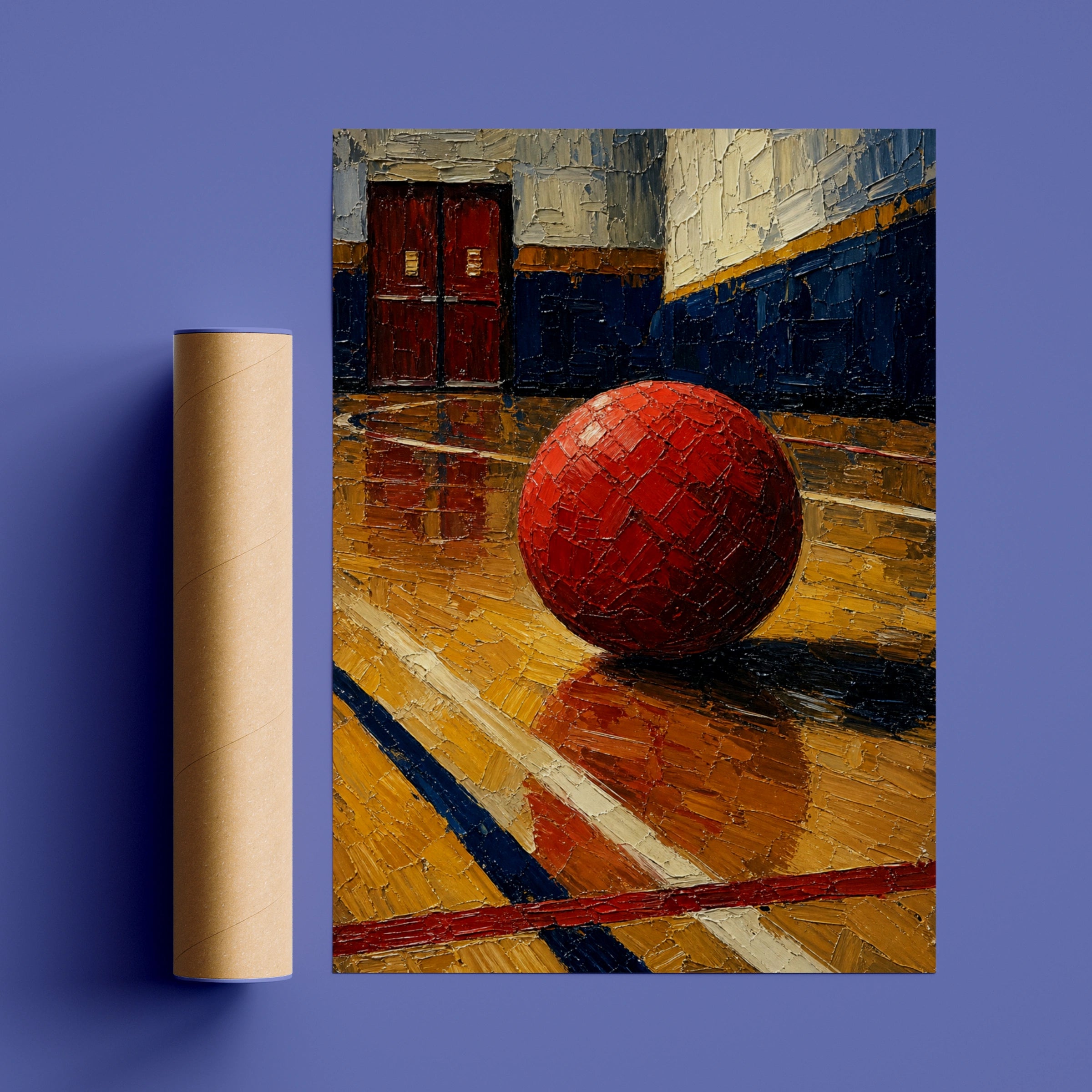 Dodgeball Gym Art Print, Red Ball School Gymnasium Poster, Impasto Style Sports Wall Art