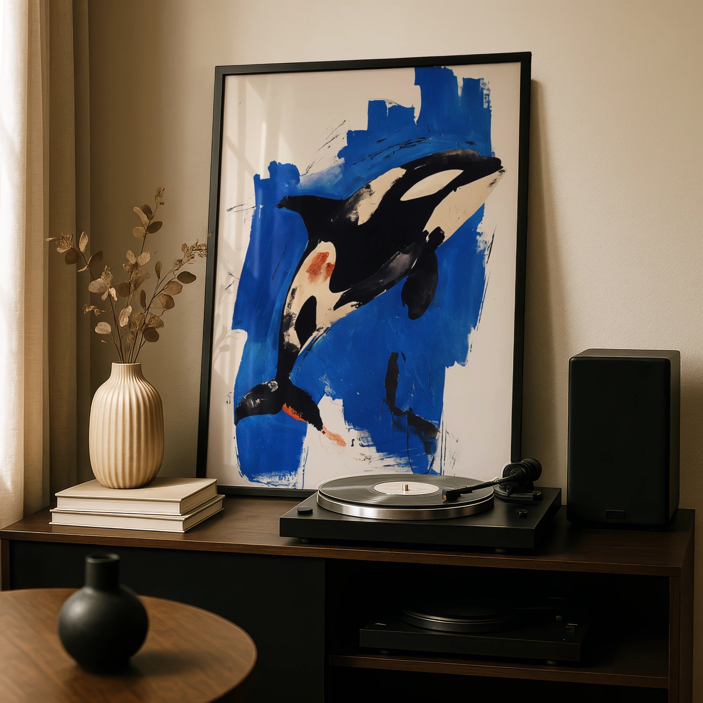 Abstract Orca Poster, Killer Whale Wall Art, Bold Blue Black Ocean Animal Print