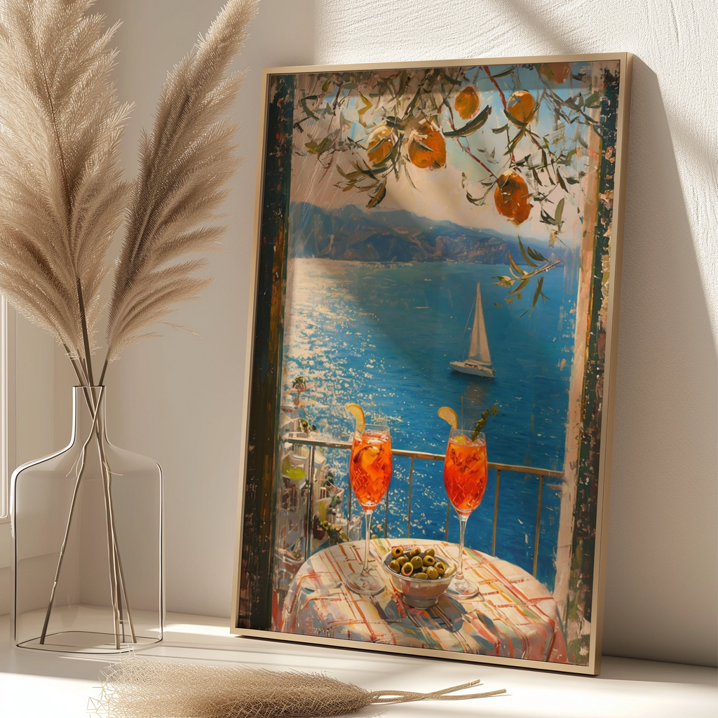 Mediterranean Aperitivo Sea View Poster, Italian Spritz Balcony Wall Art Print