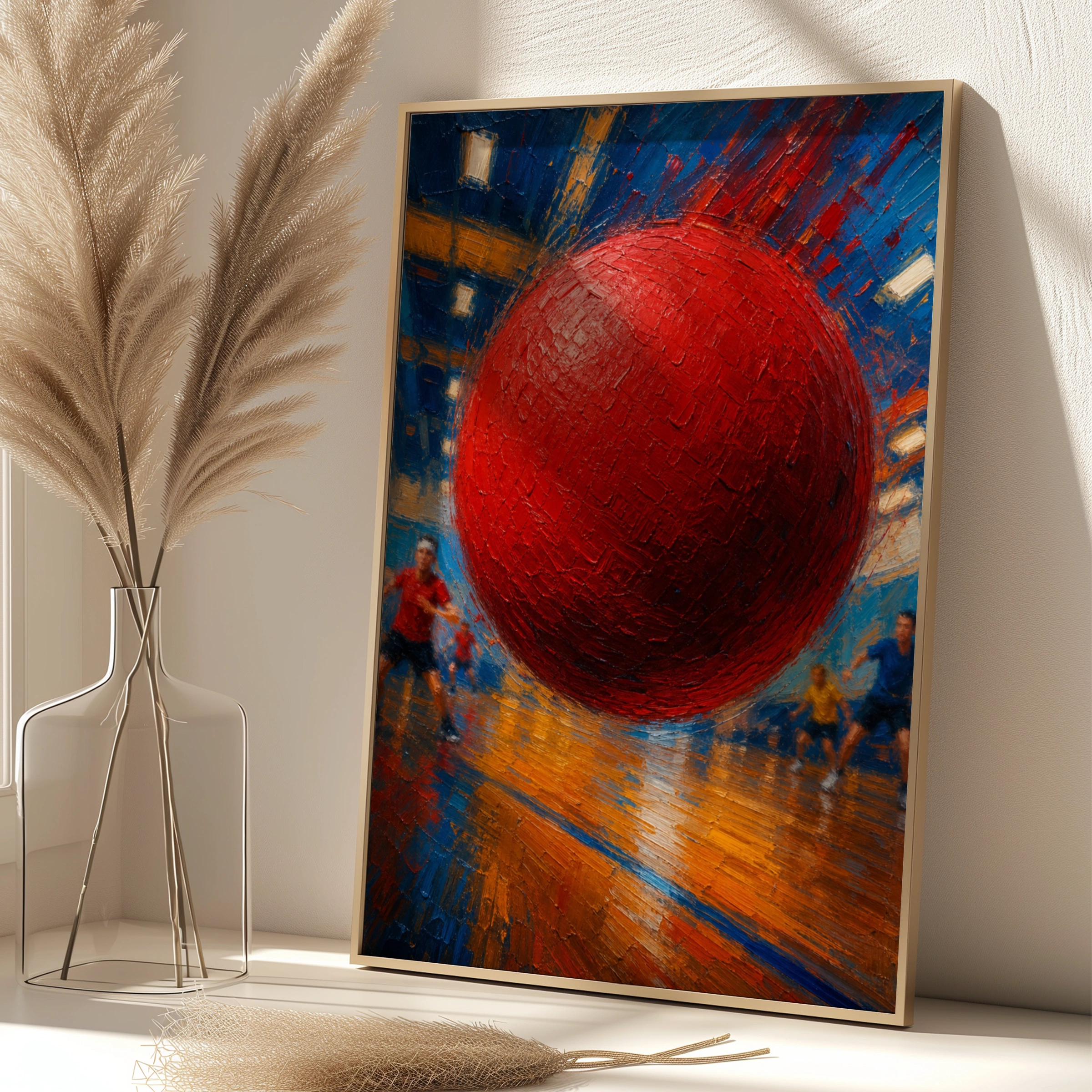 Dodgeball Art Poster, Red Ball Action Print, Sports Wall Art, Bold Oil Painting Style