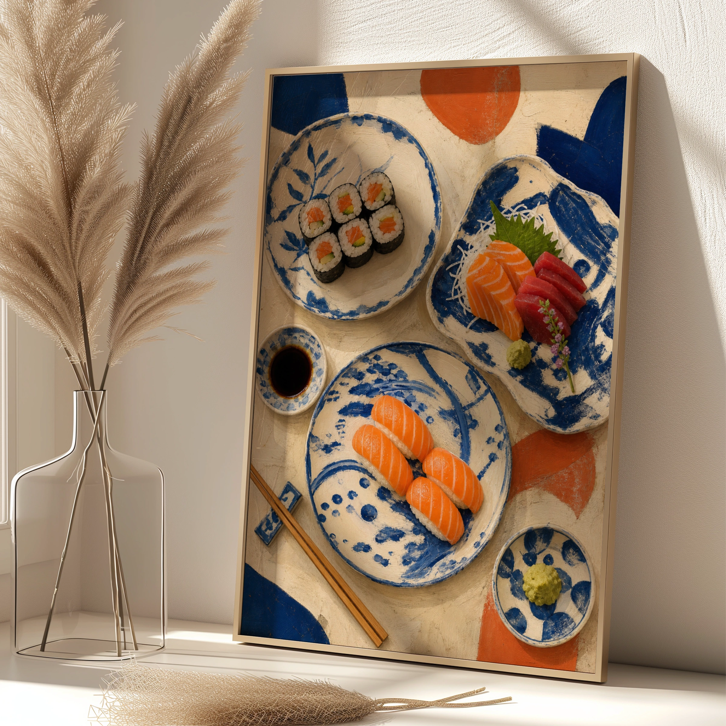 Japanese Sushi Still Life Poster, Salmon Sashimi Wall Art, Blue Ceramic Kitchen Print