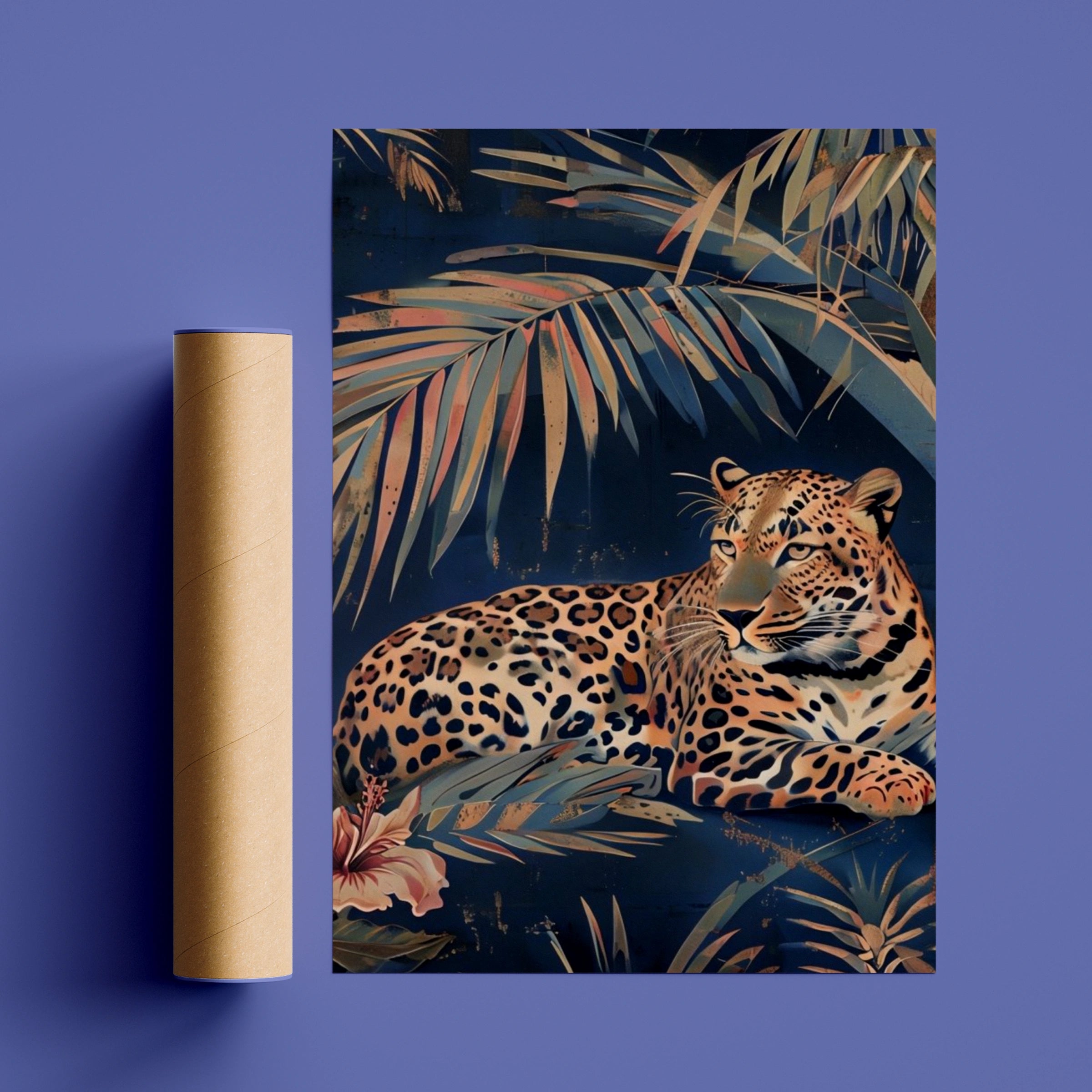Tropical Leopard Palm Leaf Poster, Navy Blue Jungle Cat Wall Art, Botanical Animal Print