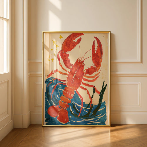 Abstract Lobster Poster, Red Lobster Wall Art, Vintage Ocean Print, Coastal Sea Creature Decor