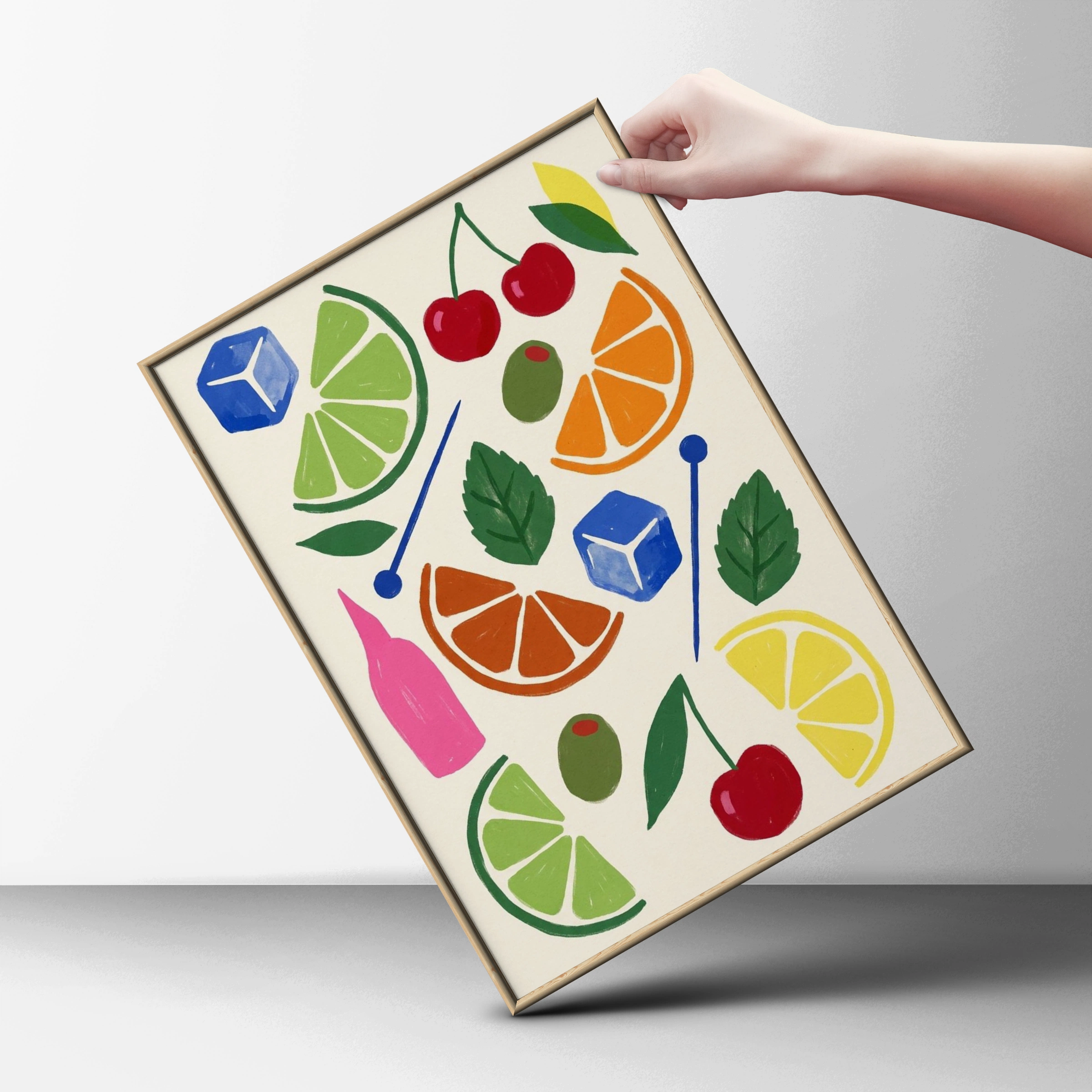 Cocktail Garnish Pattern Poster, Bar Cart Wall Art, Citrus Cherry Olive Print