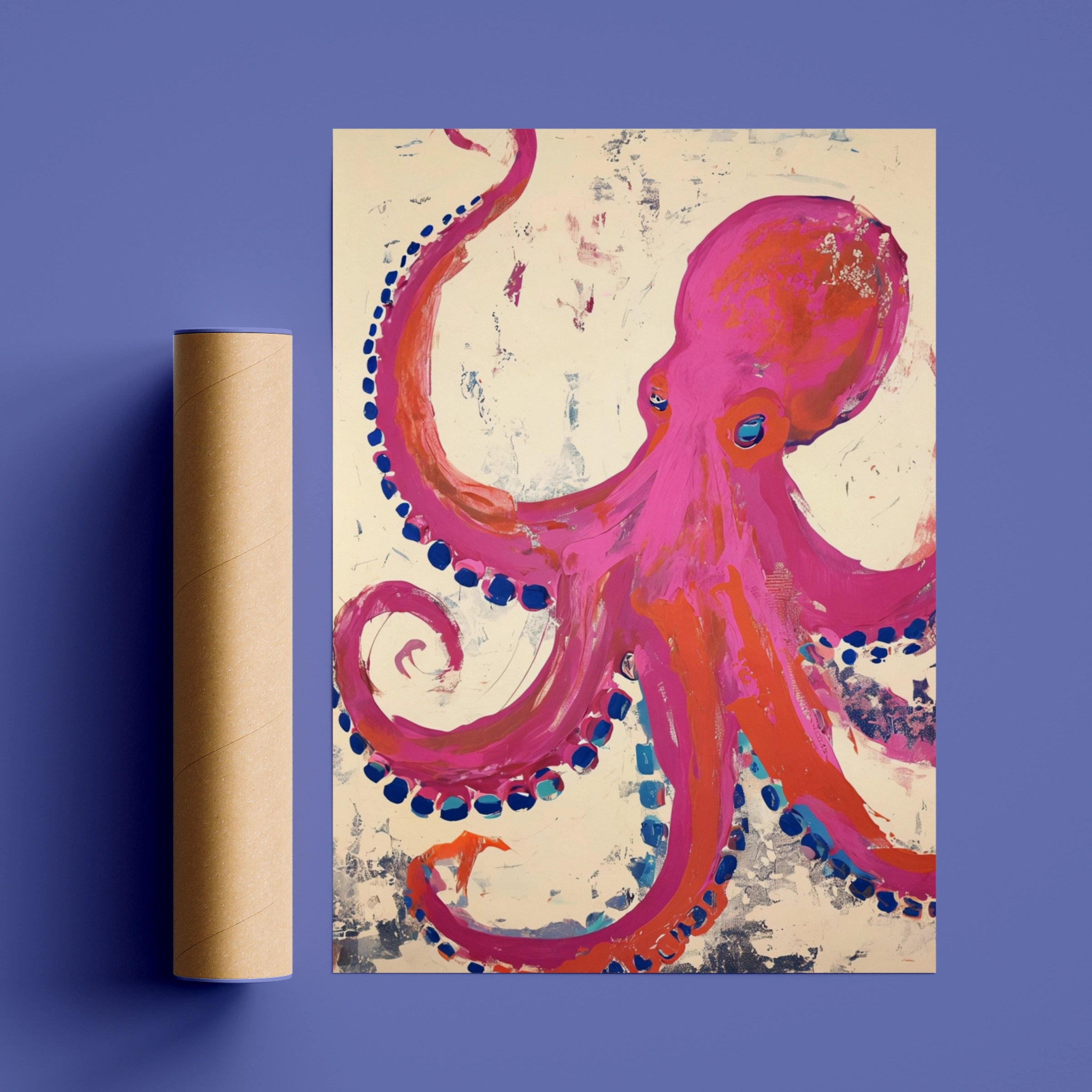 Pink Octopus Abstract Poster, Bold Colourful Ocean Animal Wall Art, Coastal Decor