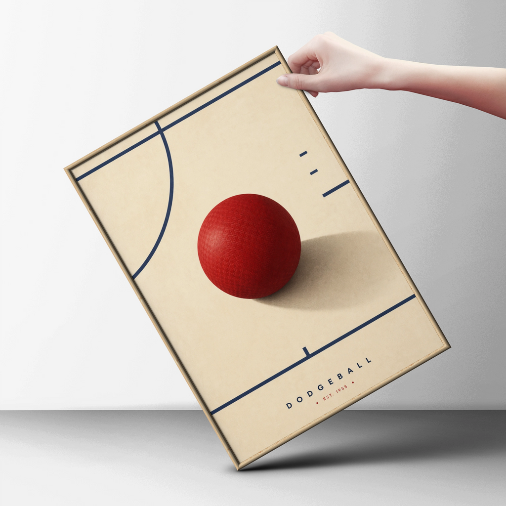 Minimalist Dodgeball Poster, Red Ball Sports Wall Art, Retro Gym Print, Navy Cream Decor