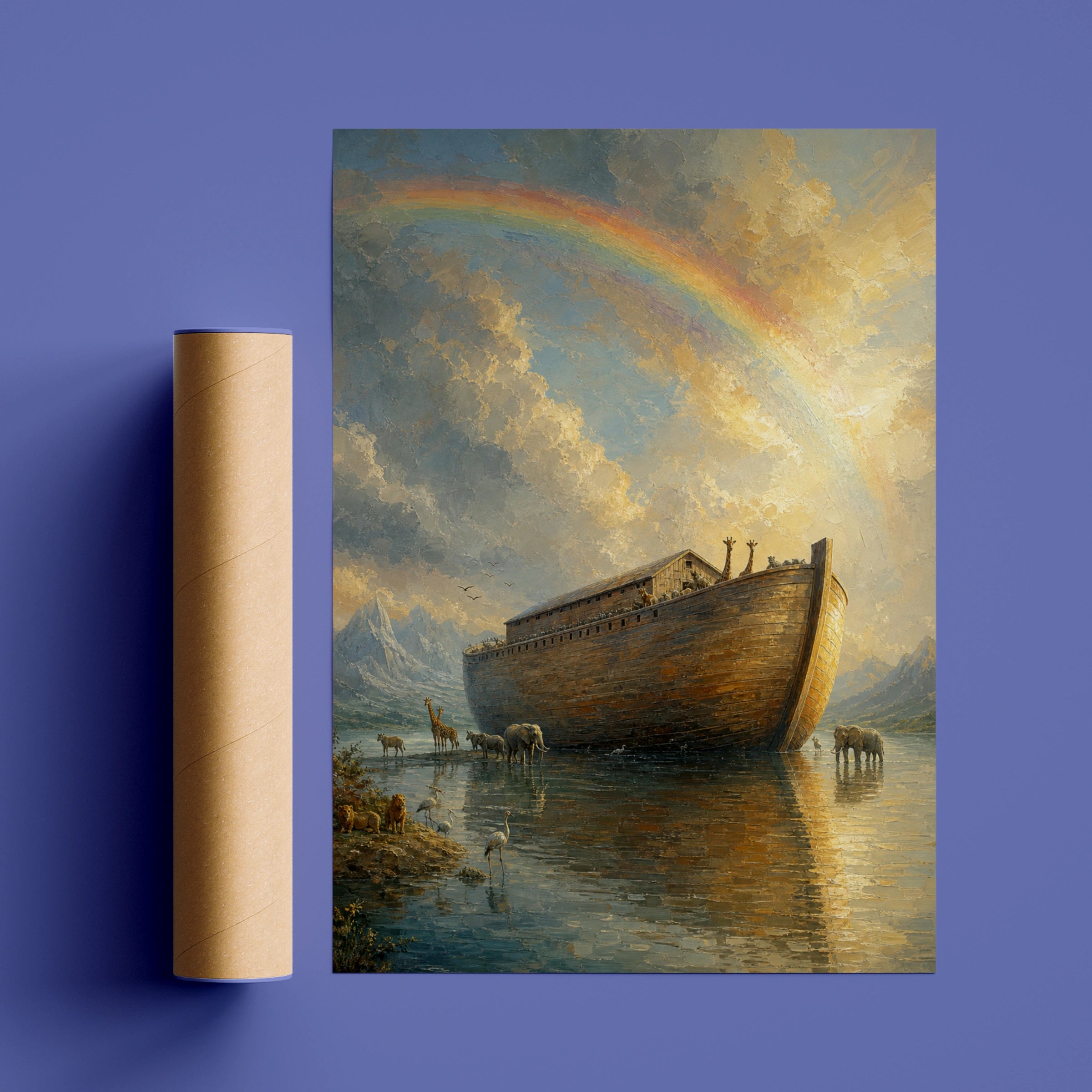 Noah's Ark Rainbow Poster, Biblical Wall Art, Christian Animals Print, Scripture Decor