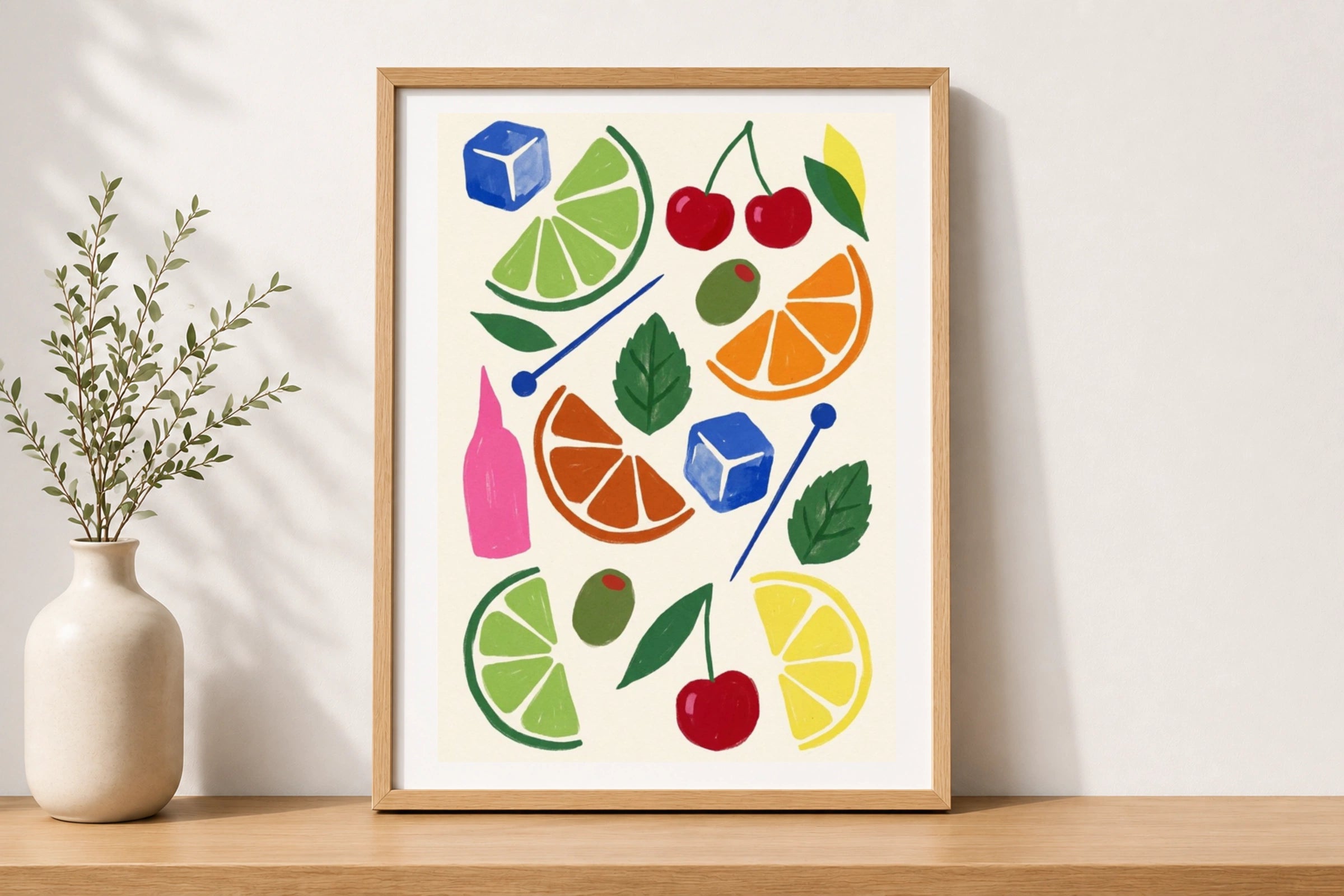 Cocktail Garnish Pattern Poster, Bar Cart Wall Art, Citrus Cherry Olive Print