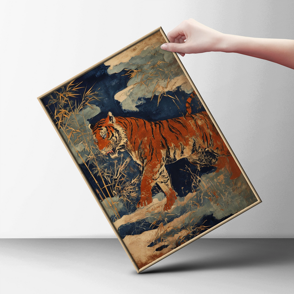 Bengal Tiger Bamboo Poster, Japanese Woodblock Style Animal Wall Art, Navy Gold
