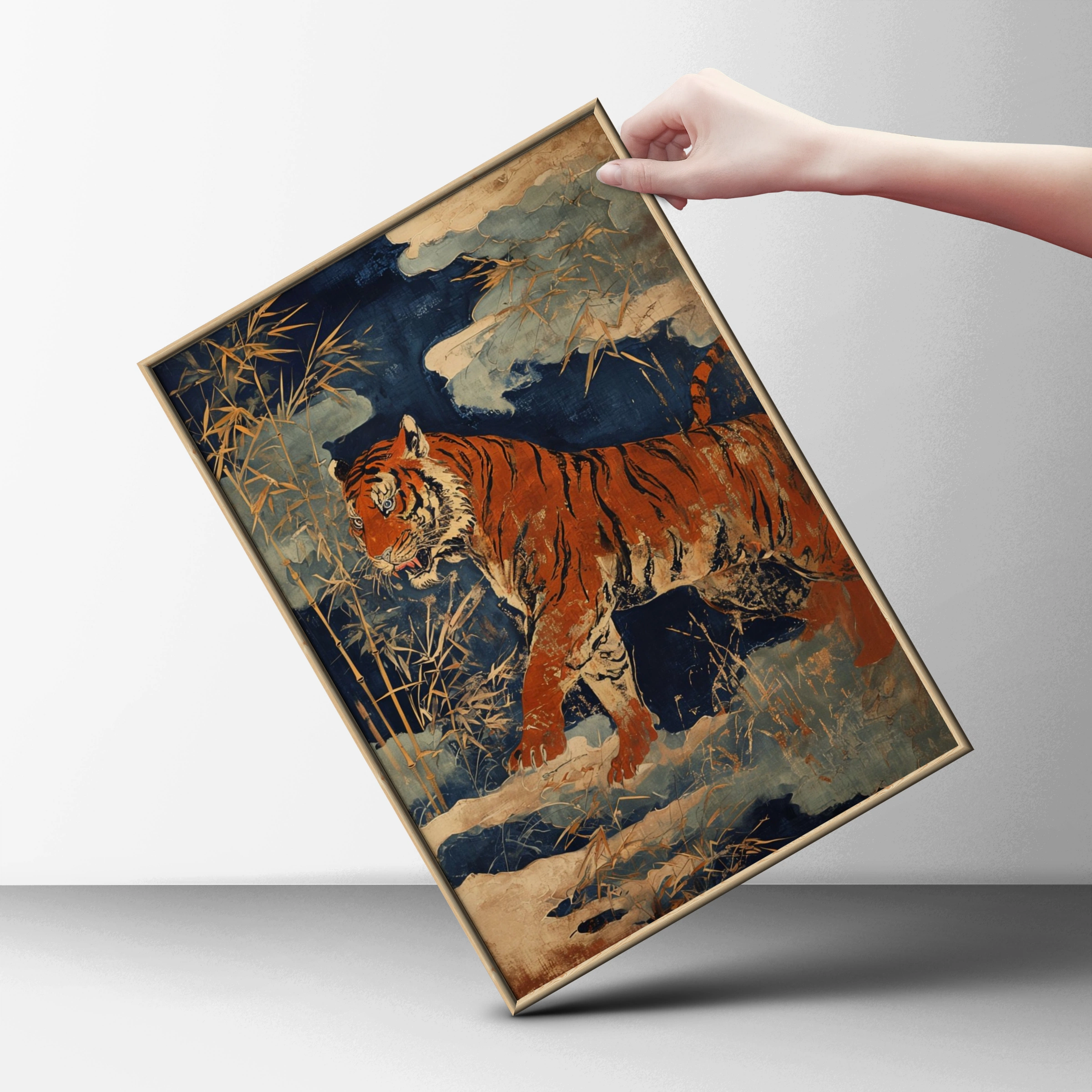 Bengal Tiger Bamboo Poster, Japanese Woodblock Style Animal Wall Art, Navy Gold