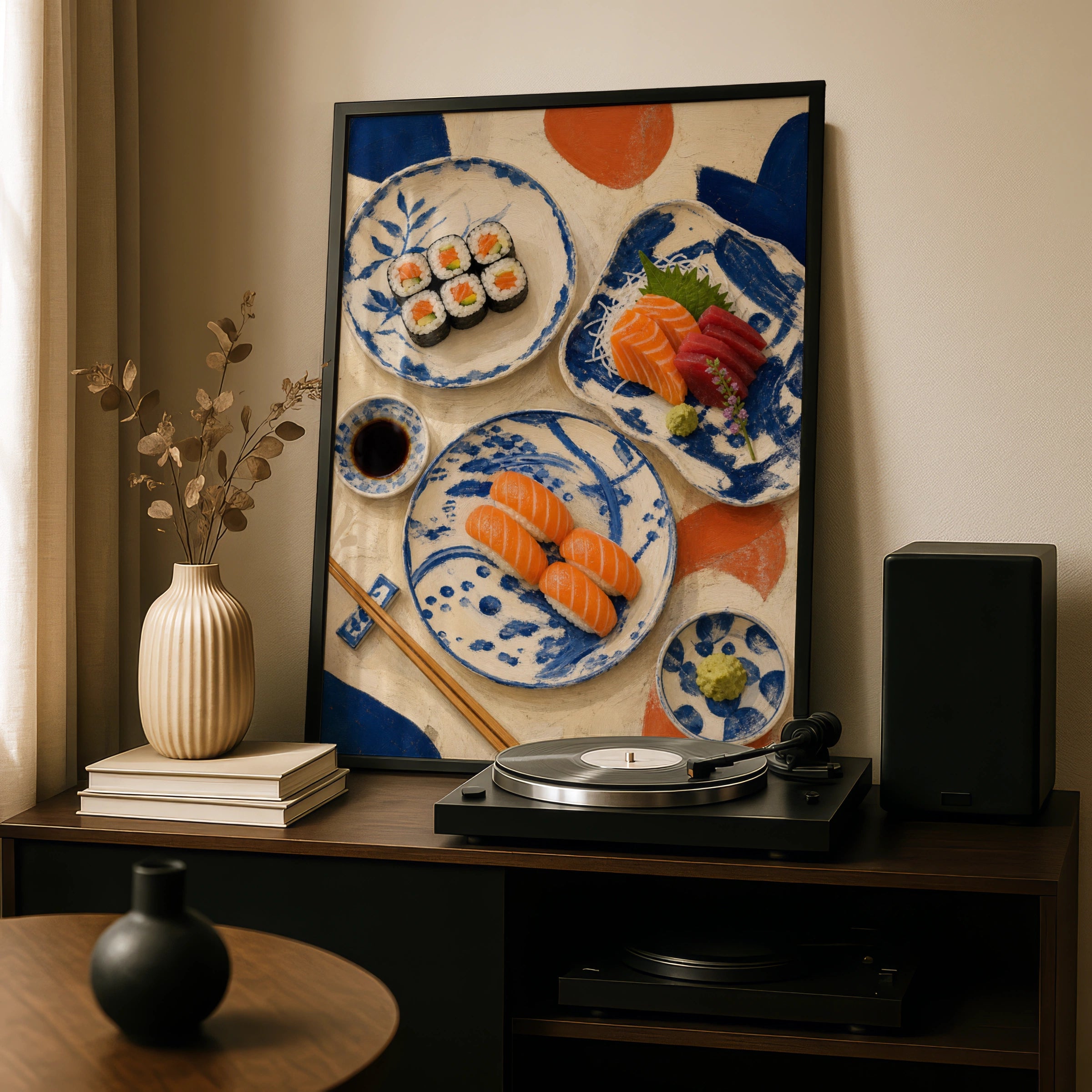Japanese Sushi Still Life Poster, Salmon Sashimi Wall Art, Blue Ceramic Kitchen Print