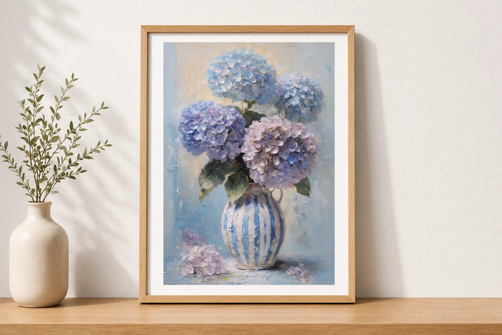 Pastel Hydrangea Floral Poster, Blue Purple Pink Bouquet, Striped Vase Wall Art