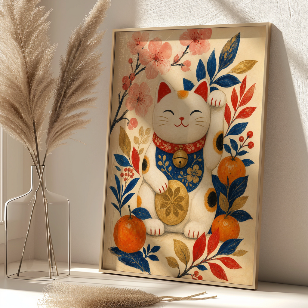 Maneki Neko Lucky Cat Poster, Japanese Wall Art, Floral Cat Print, Good Luck