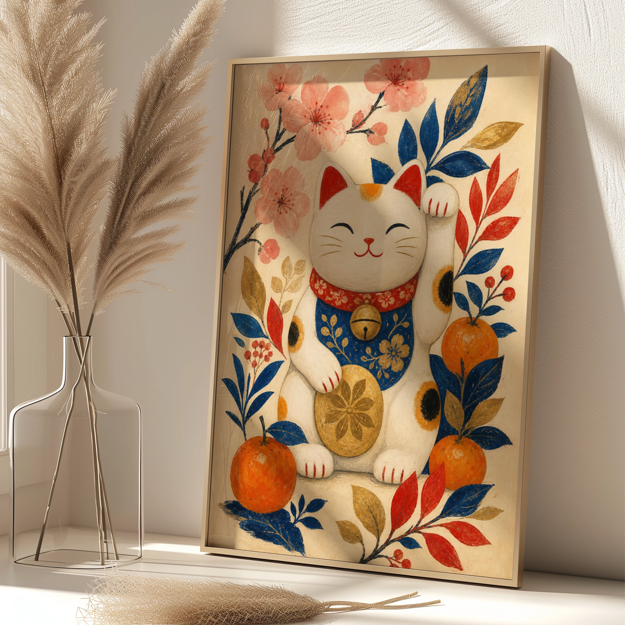 Maneki Neko Lucky Cat Poster, Japanese Wall Art, Floral Cat Print, Good Luck