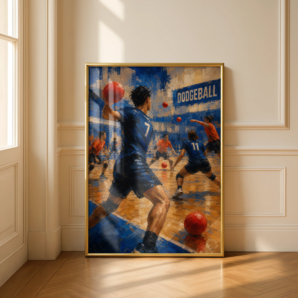 Dodgeball Team Match Poster, Sports Wall Art, Blue Orange Gym Print, Action