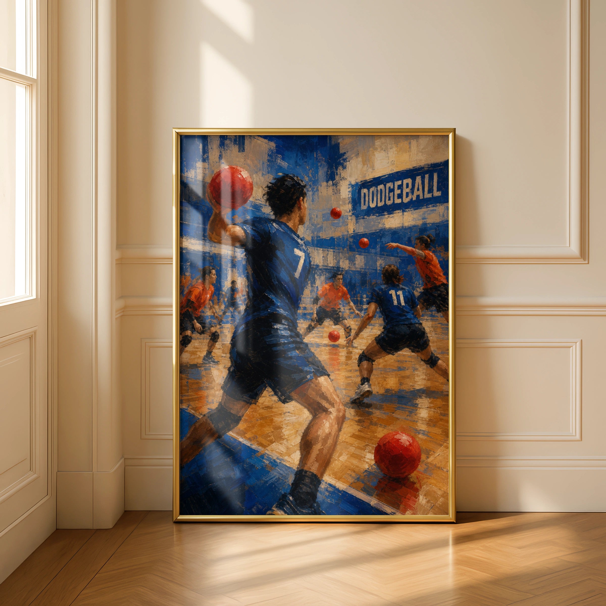 Dodgeball Team Match Poster, Sports Wall Art, Blue Orange Gym Print, Action
