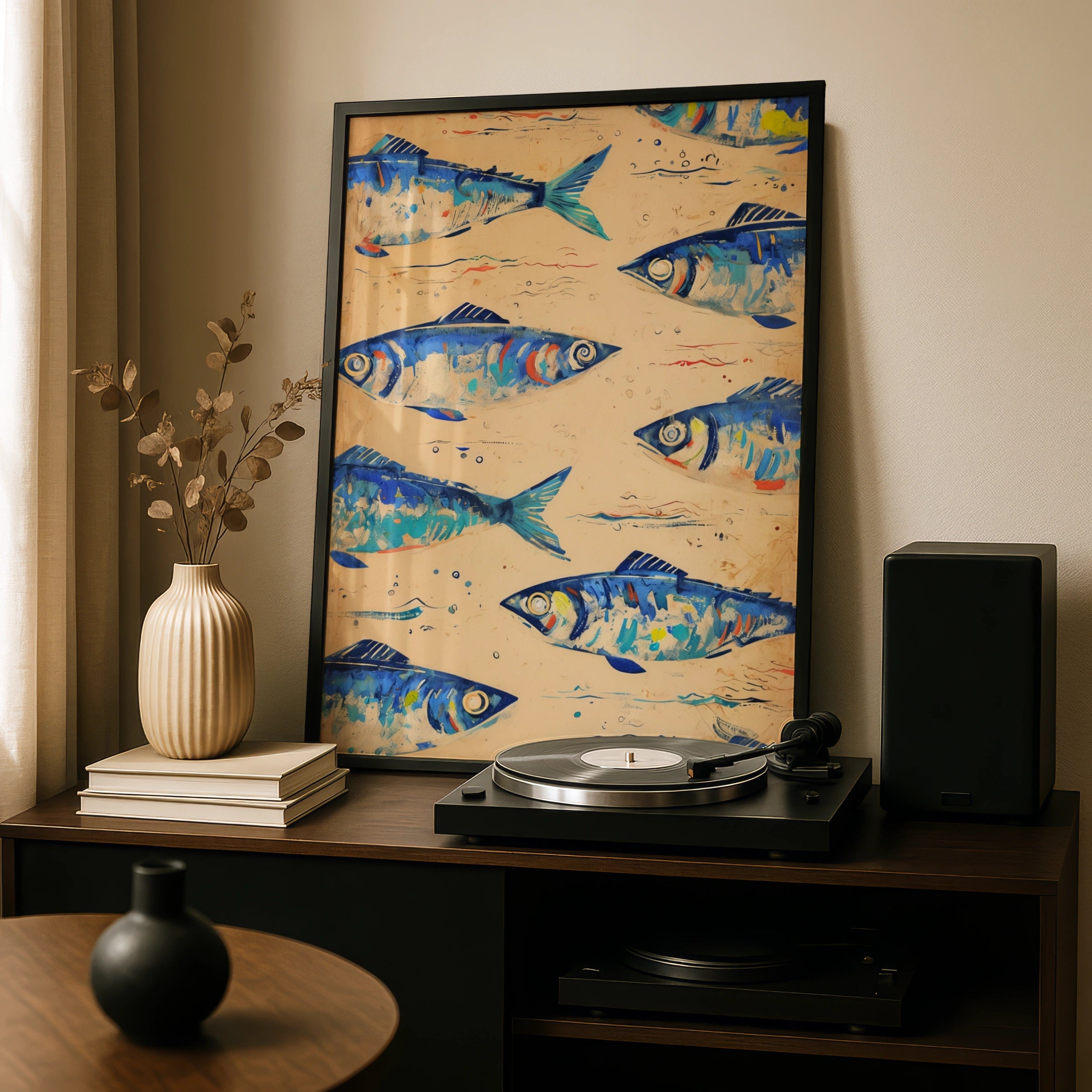 Blue Fish Pattern Poster, Colourful Sardine Wall Art, Nautical Kitchen Print, Coastal Decor