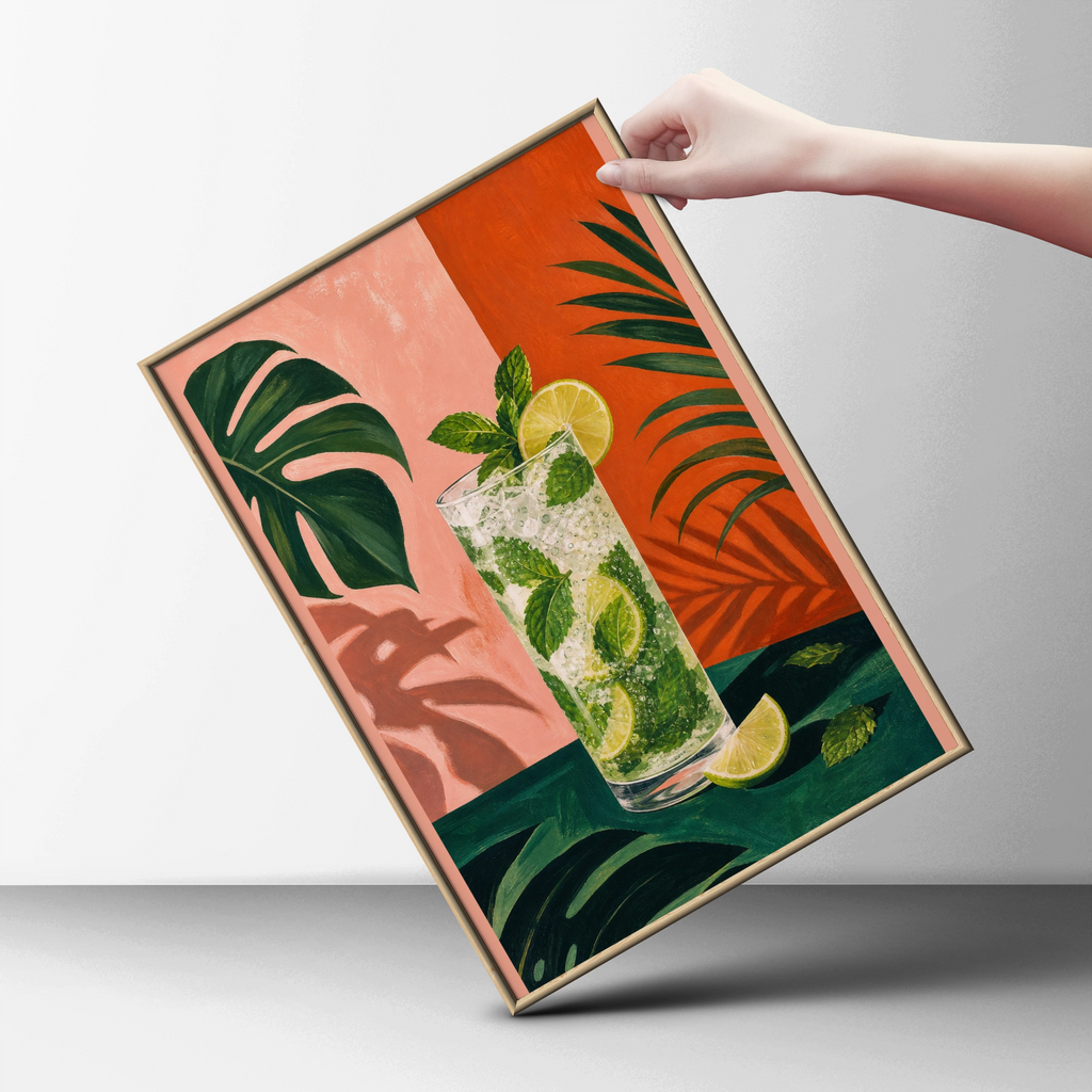 Tropical Mojito Cocktail Poster, Bar Cart Wall Art, Bold Colourful Kitchen Print