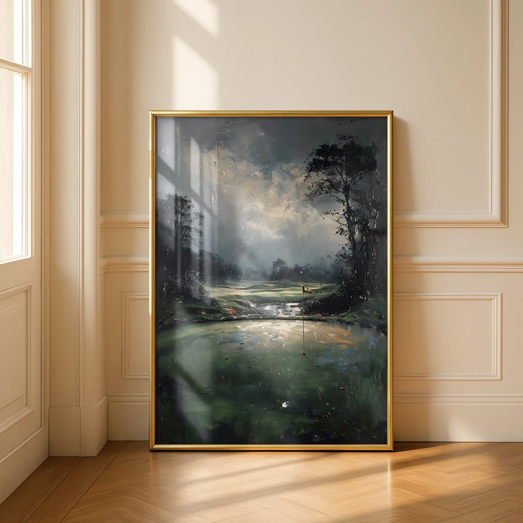 Stormy Golf Green Painting Poster, Moody Course Art Print, Dark Dramatic Wall Decor