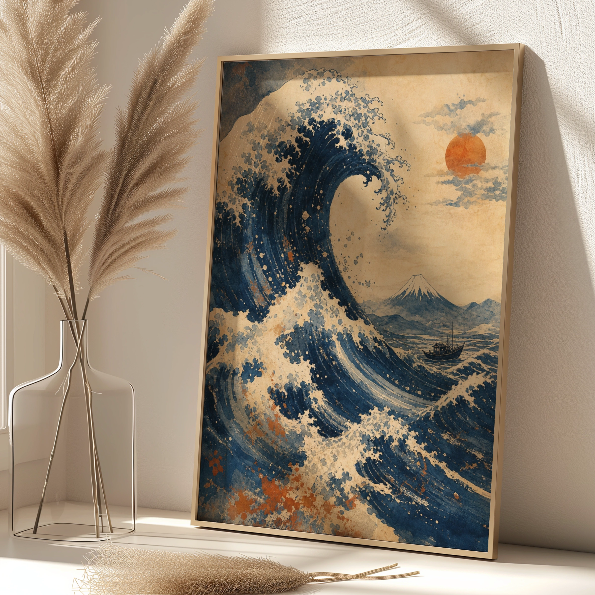 Great Wave Mount Fuji Poster, Japanese Woodblock Style Wall Art, Navy Blue Ocean Print