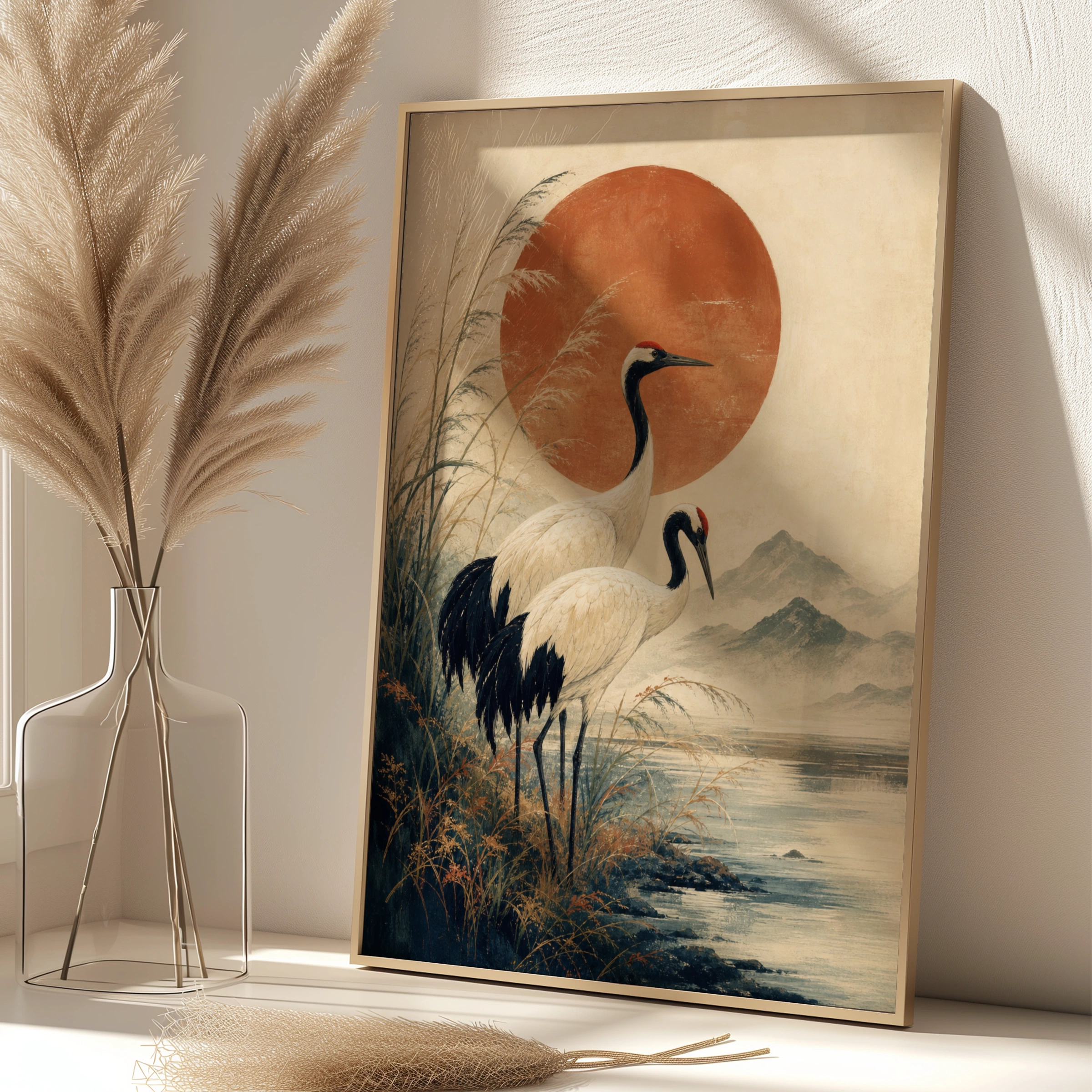 Japanese Crane Poster, Red Sun Wall Art, Woodblock Style Bird Print, Zen Home Decor